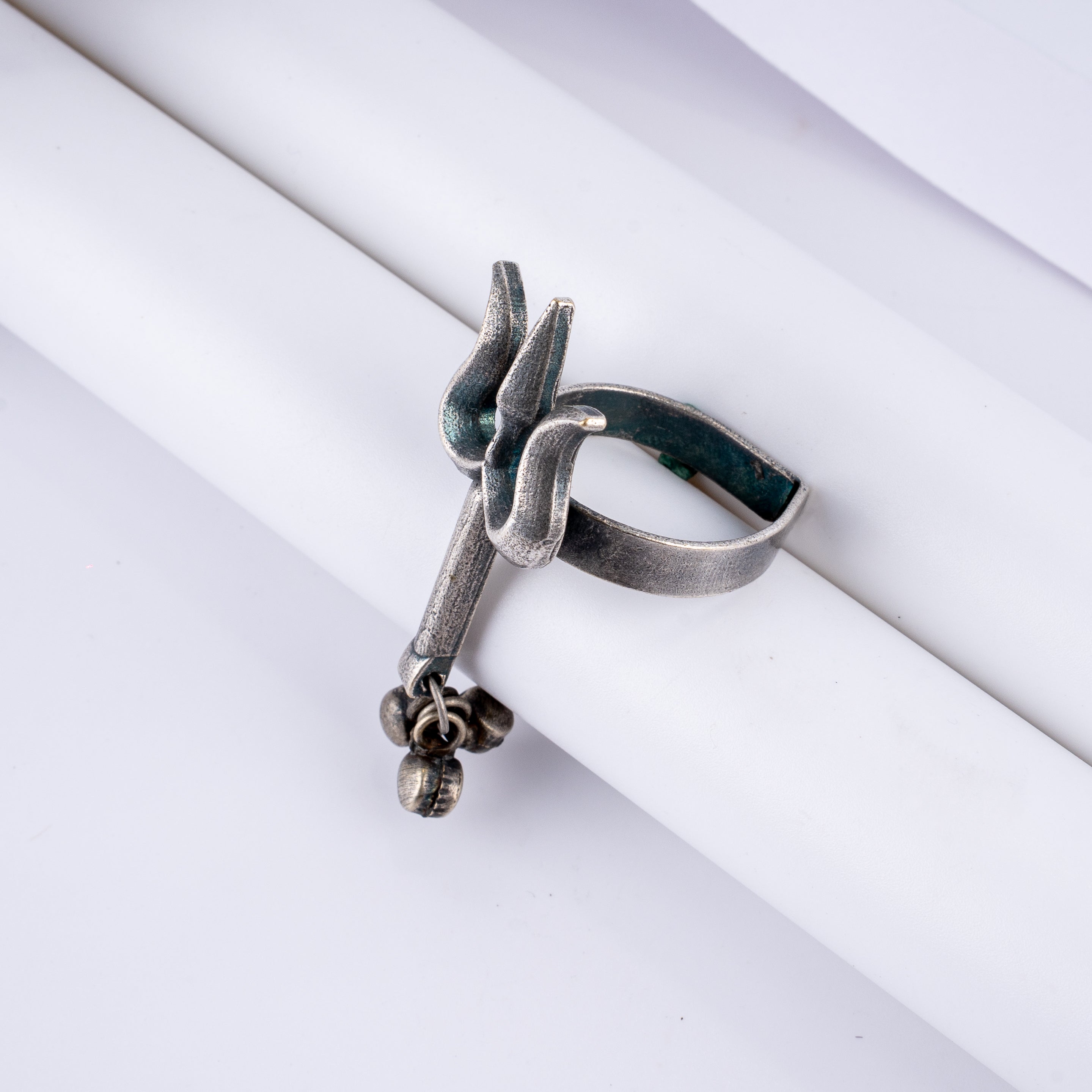 Oxidised Silver Trishul Ghungroo Statement Finger Ring