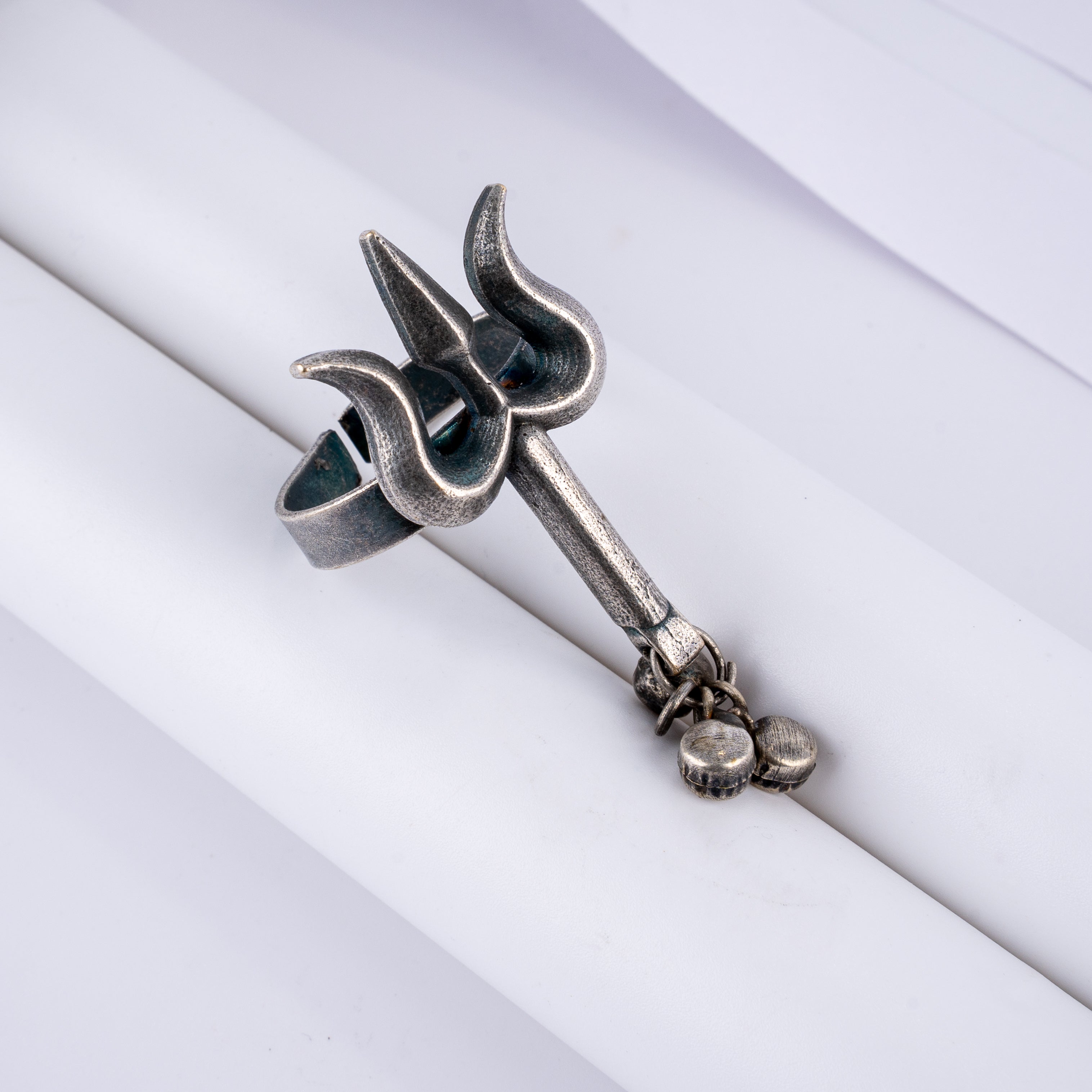 Oxidised Silver Trishul Ghungroo Statement Finger Ring