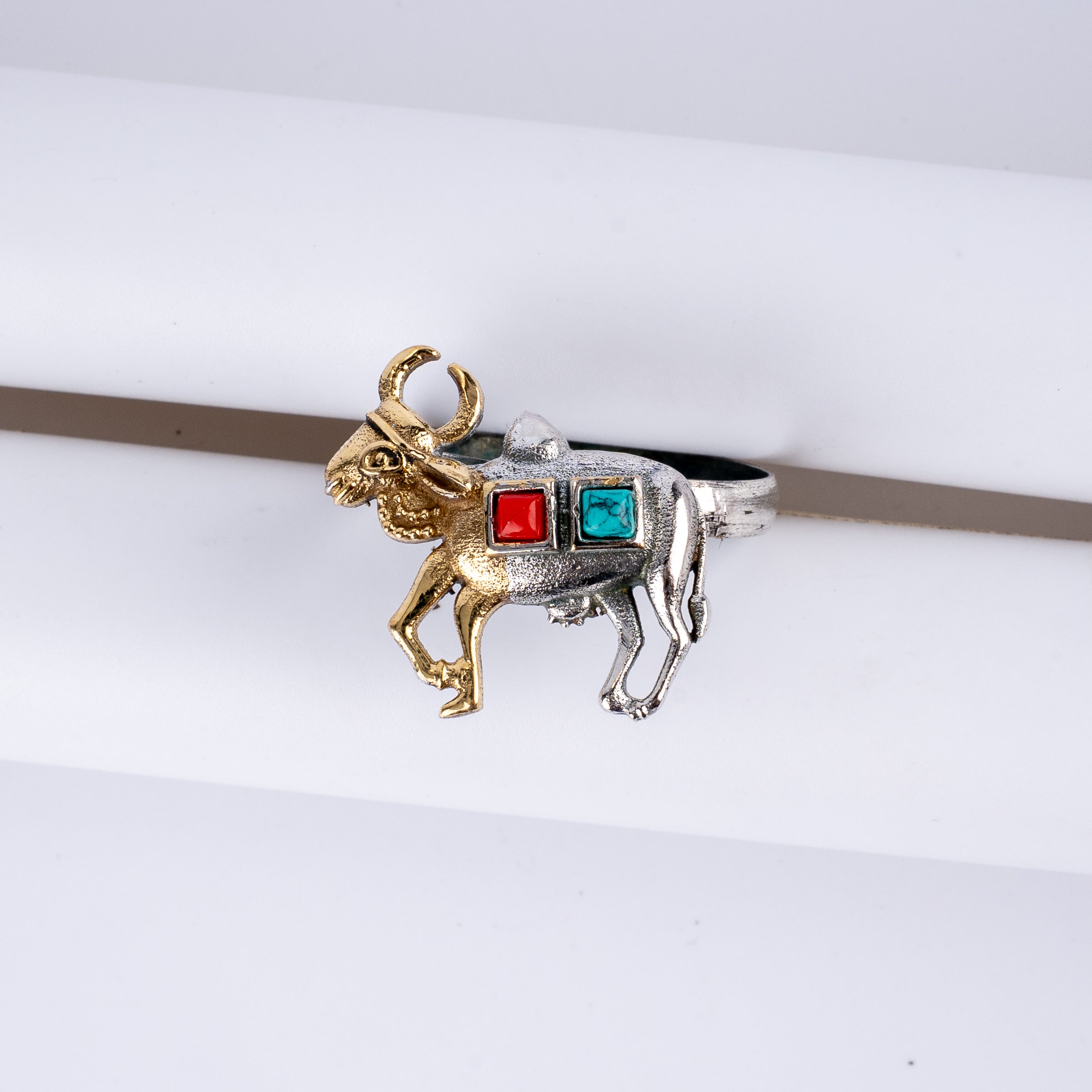 Dual Tone Sacred Cow Kamadhenu Inlay Statement Ring