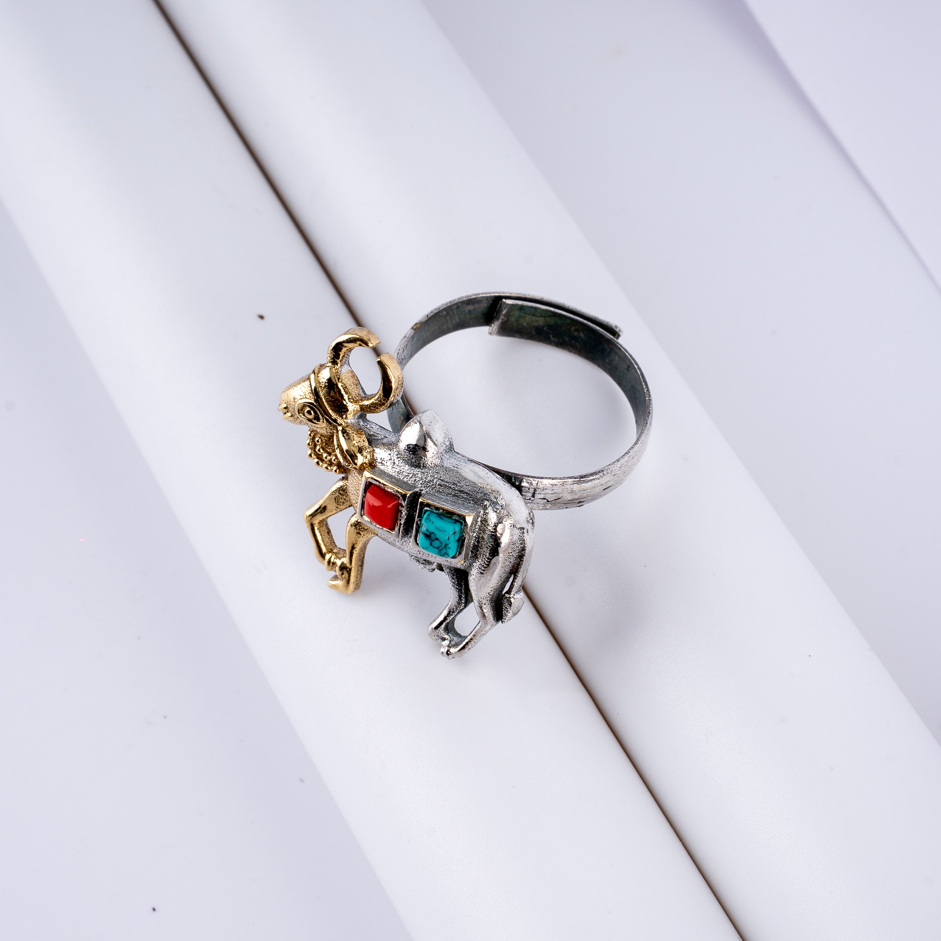 Dual Tone Sacred Cow Kamadhenu Inlay Statement Ring