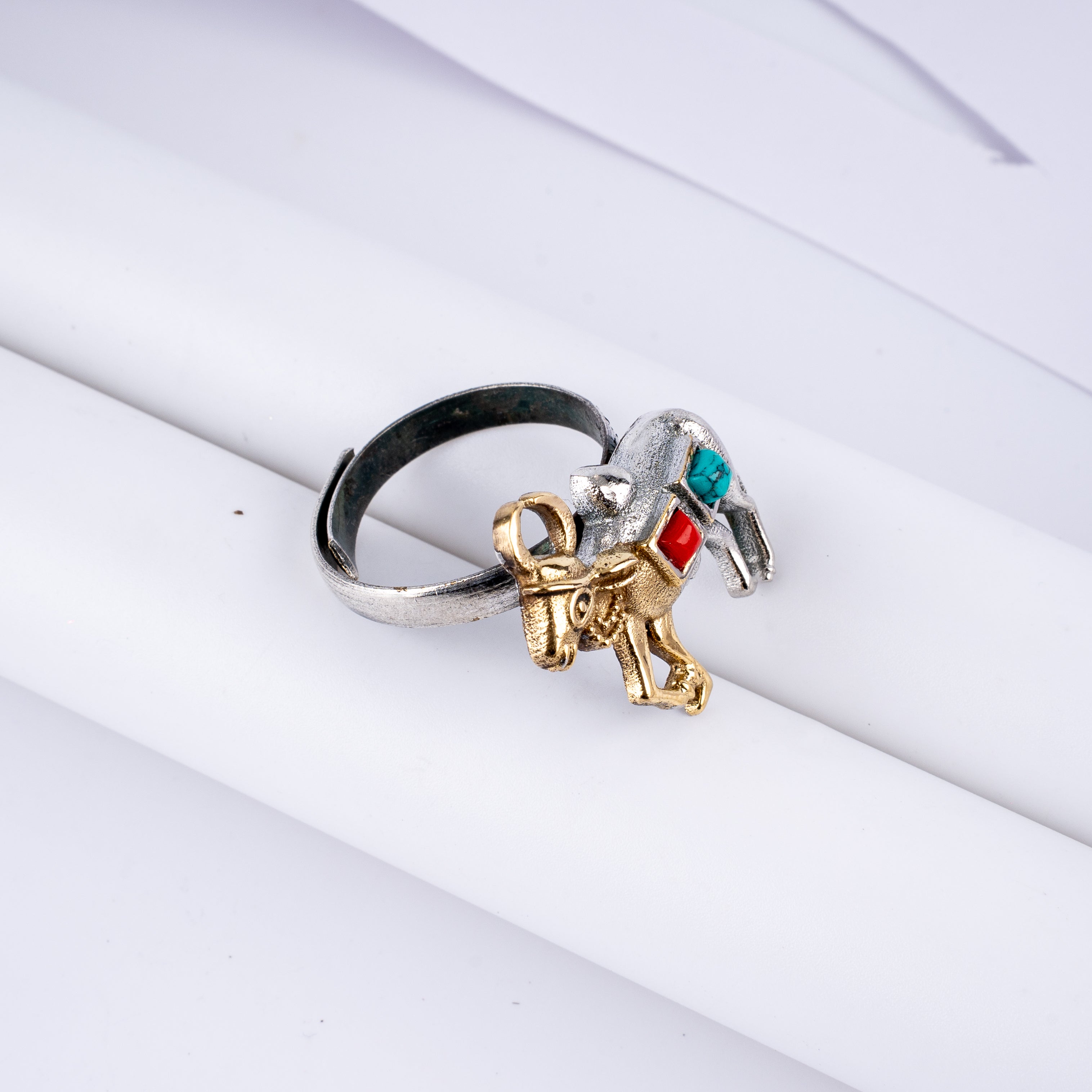 Dual Tone Sacred Cow Kamadhenu Inlay Statement Ring