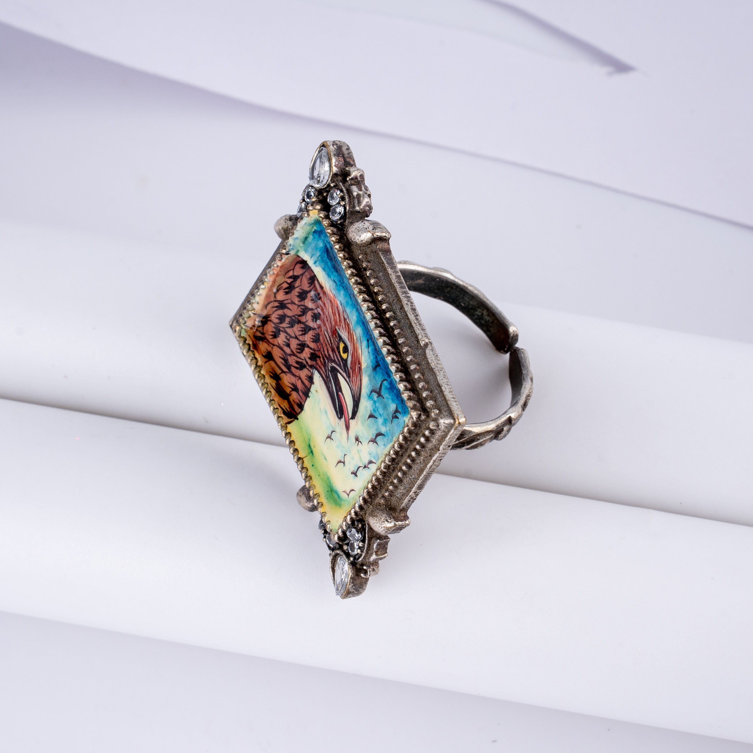 Oxidised Silver Royal Falcon Portrait Stone Statement Ring
