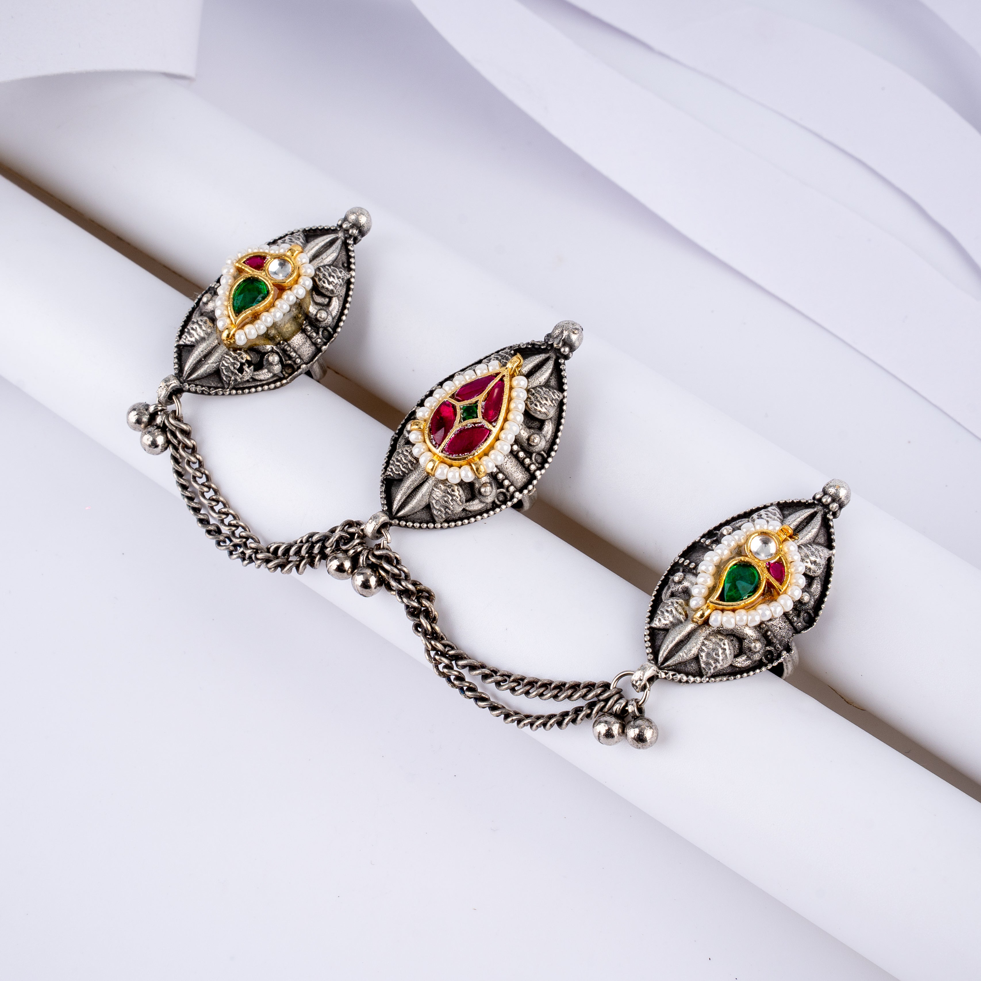 Oxidised Silver Marquise Kundan Three Finger Chain Ring