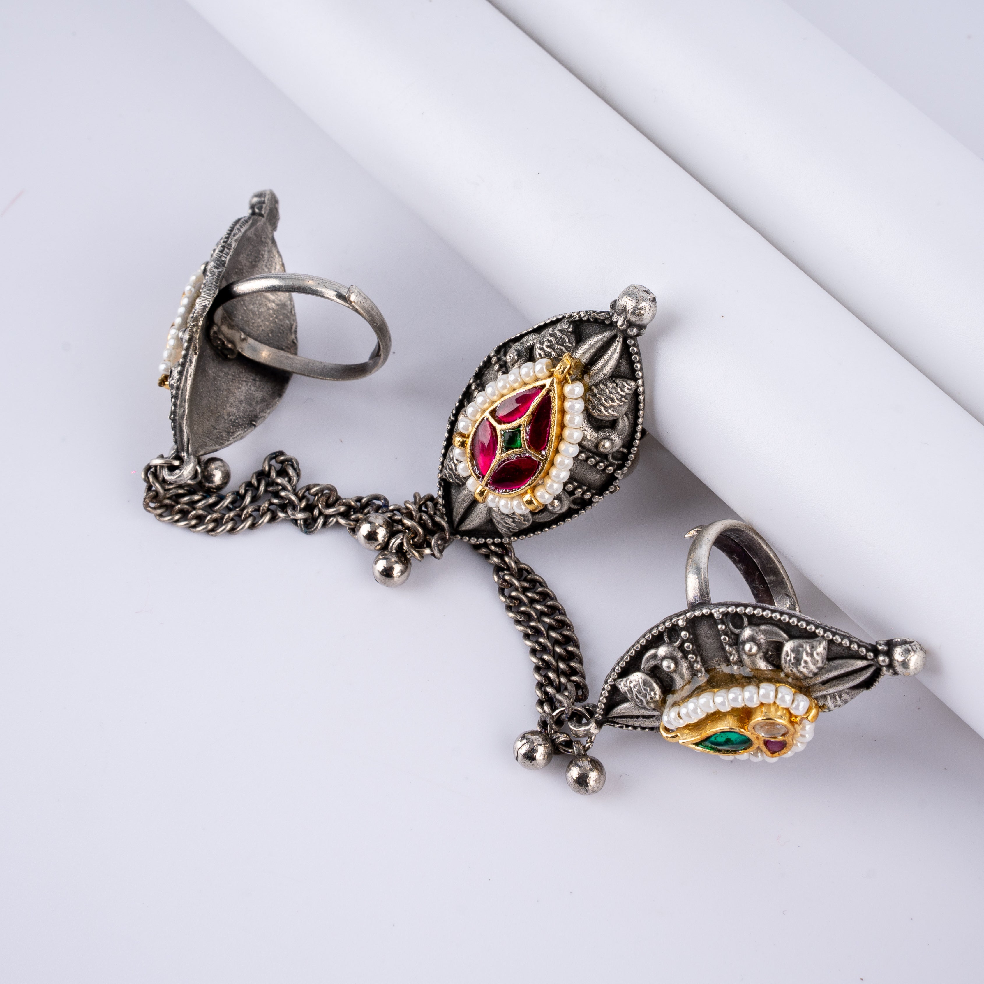 Oxidised Silver Marquise Kundan Three Finger Chain Ring