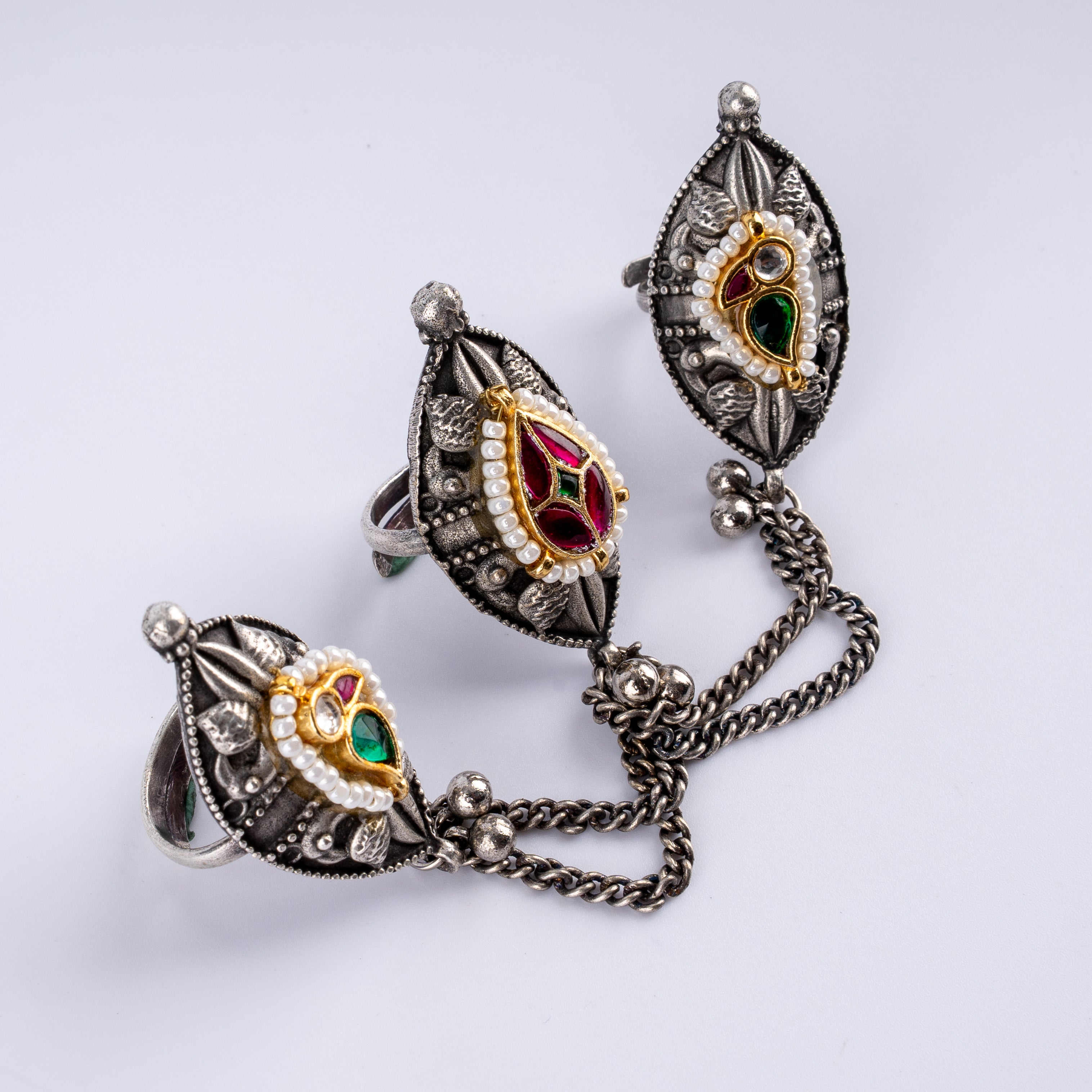 Oxidised Silver Marquise Kundan Three Finger Chain Ring