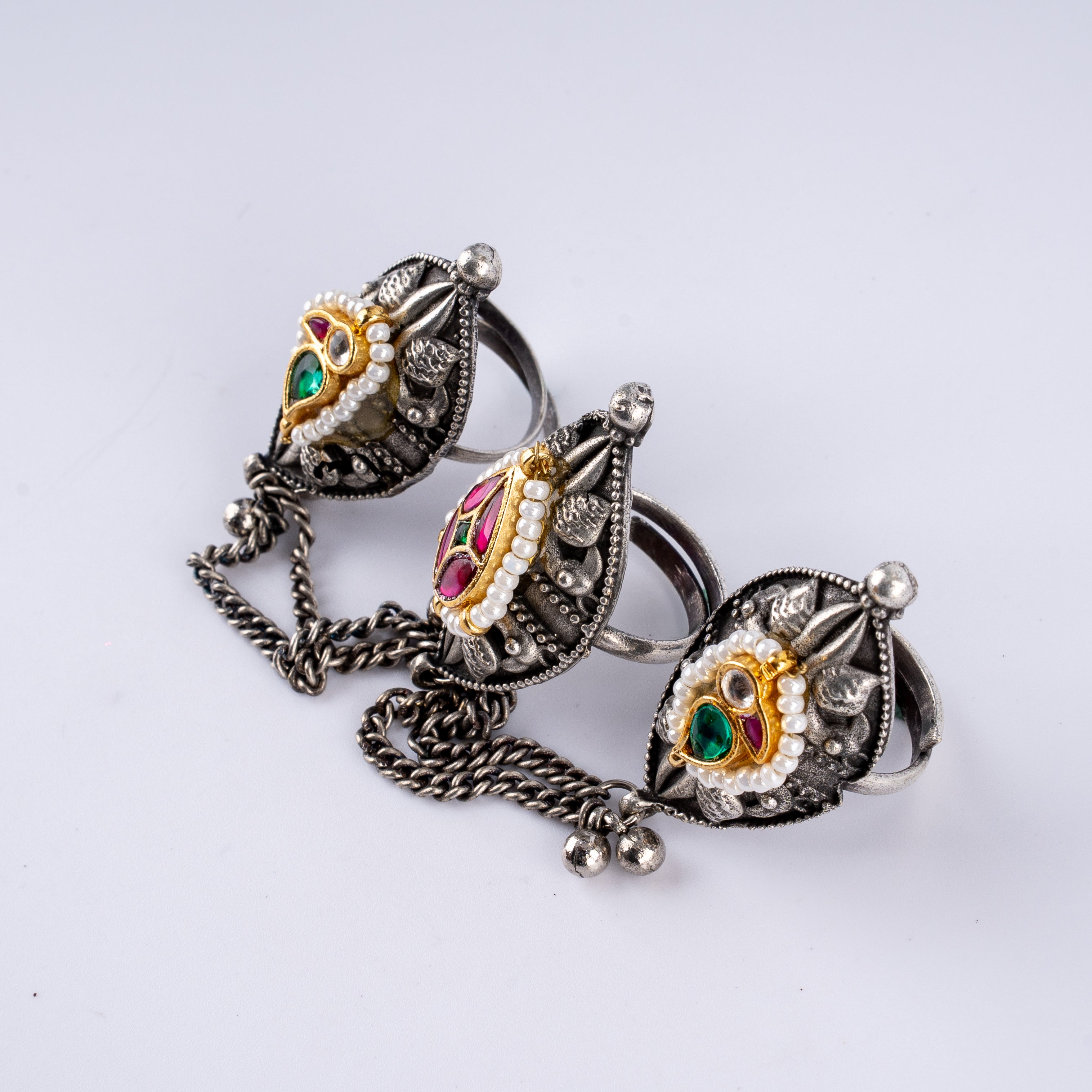 Oxidised Silver Marquise Kundan Three Finger Chain Ring