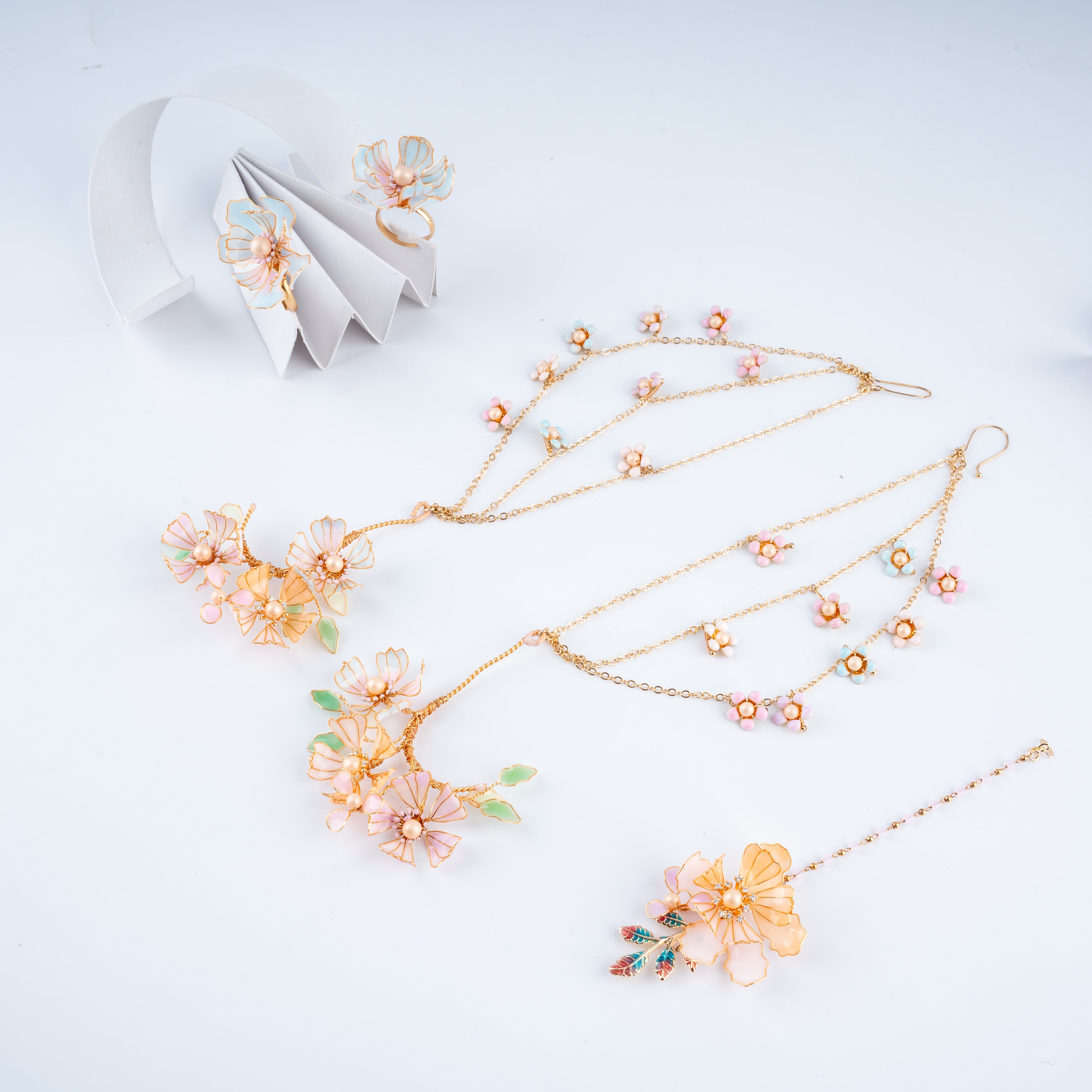 The Pastel Meadow Floral Resin Jewelry Set with Bahubali Chain Earrings
