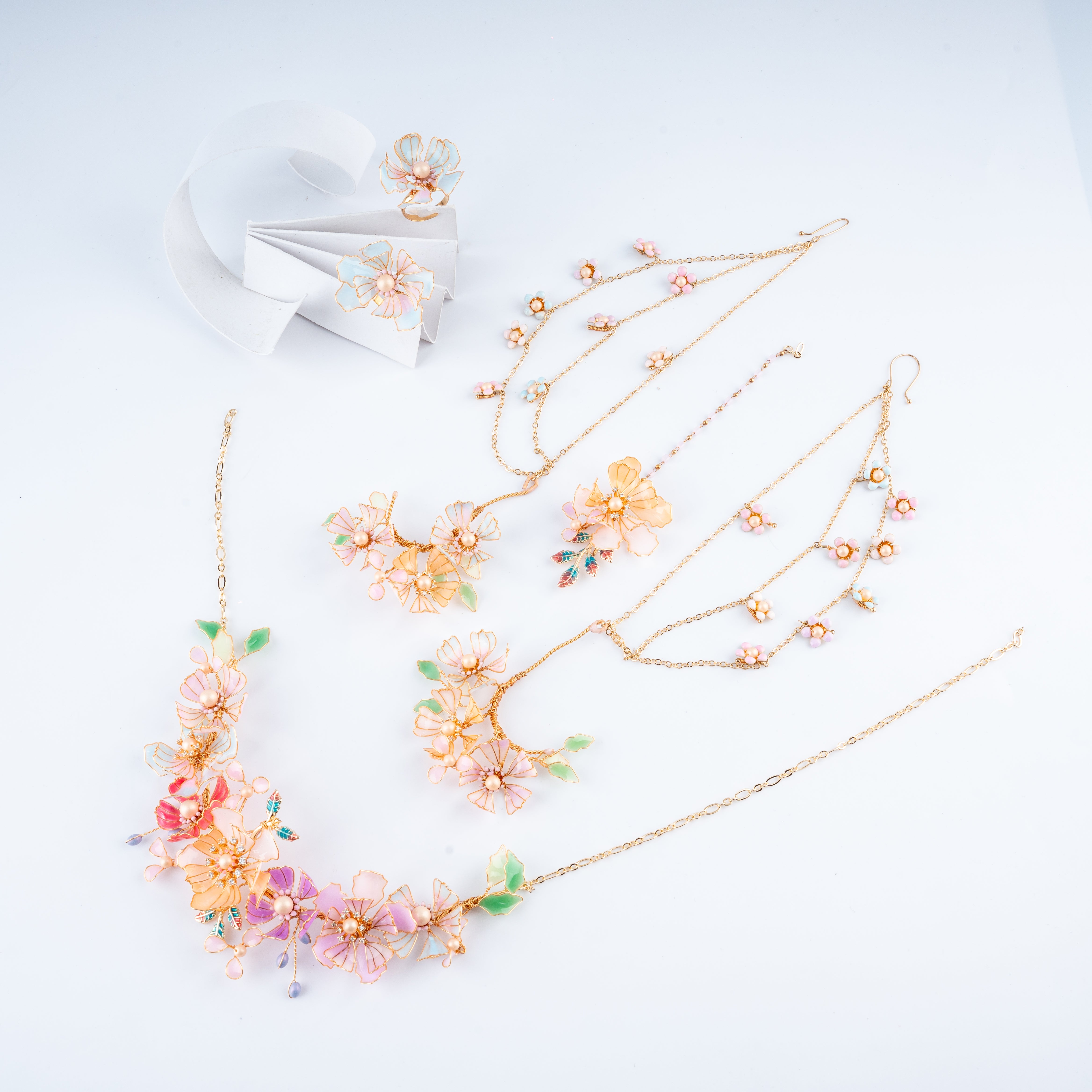 Pastel floral resin jewelry set with necklace, bahubali style chain earrings, maang tikka, and rings from US Catalog.   