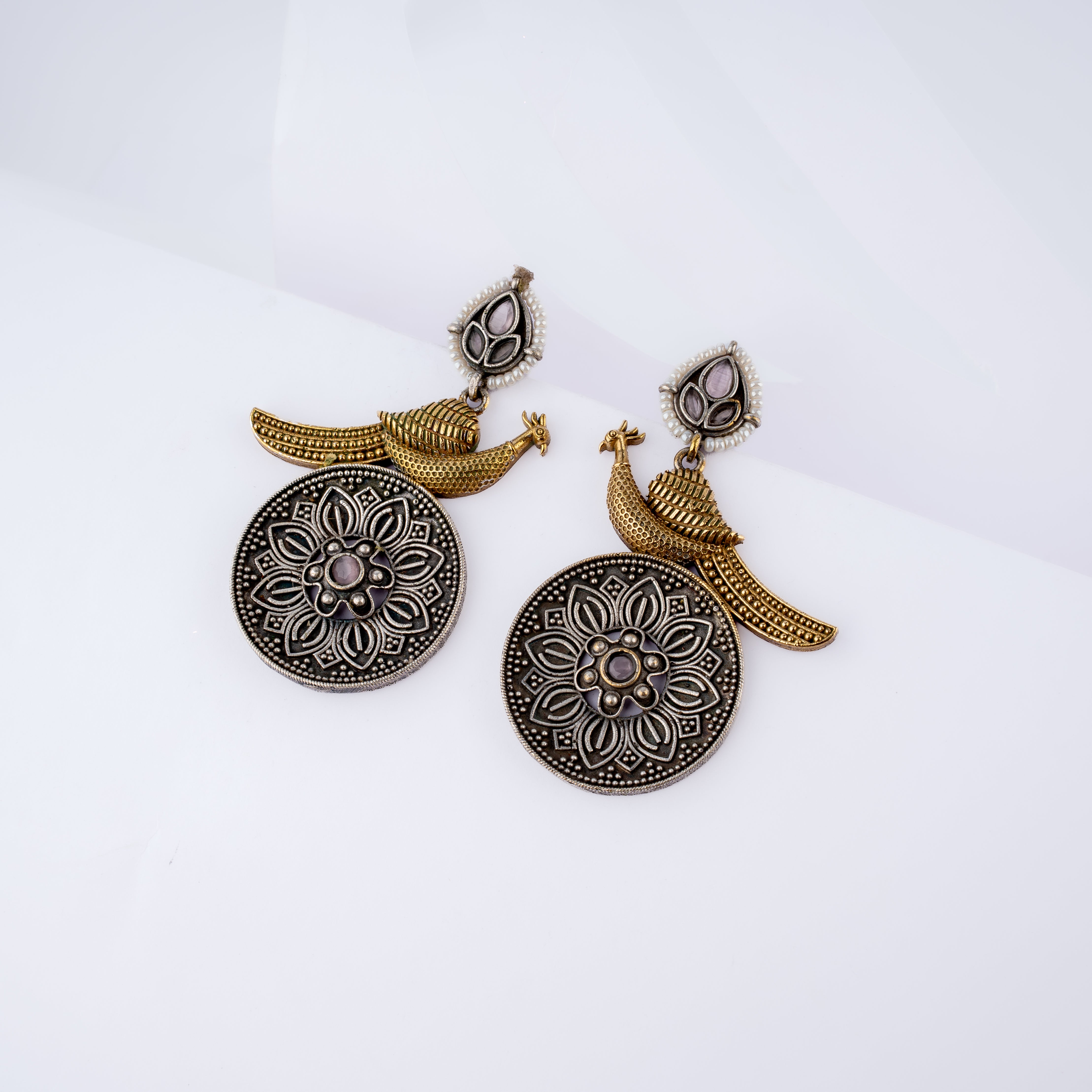 Dual Tone Royal Peacock Floral Mandala Mirror Statement Drop Earrings