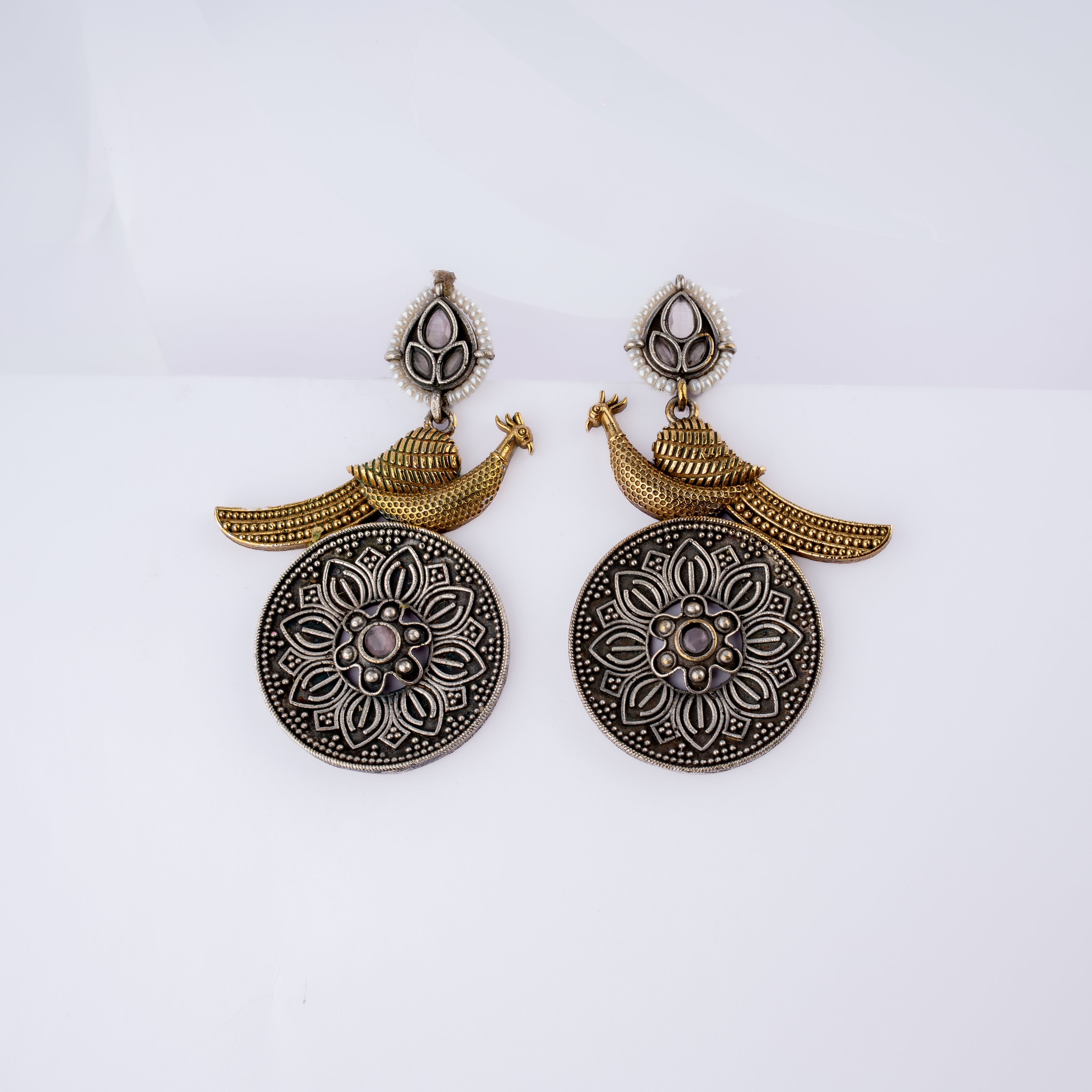 Dual Tone Royal Peacock Floral Mandala Mirror Statement Drop Earrings
