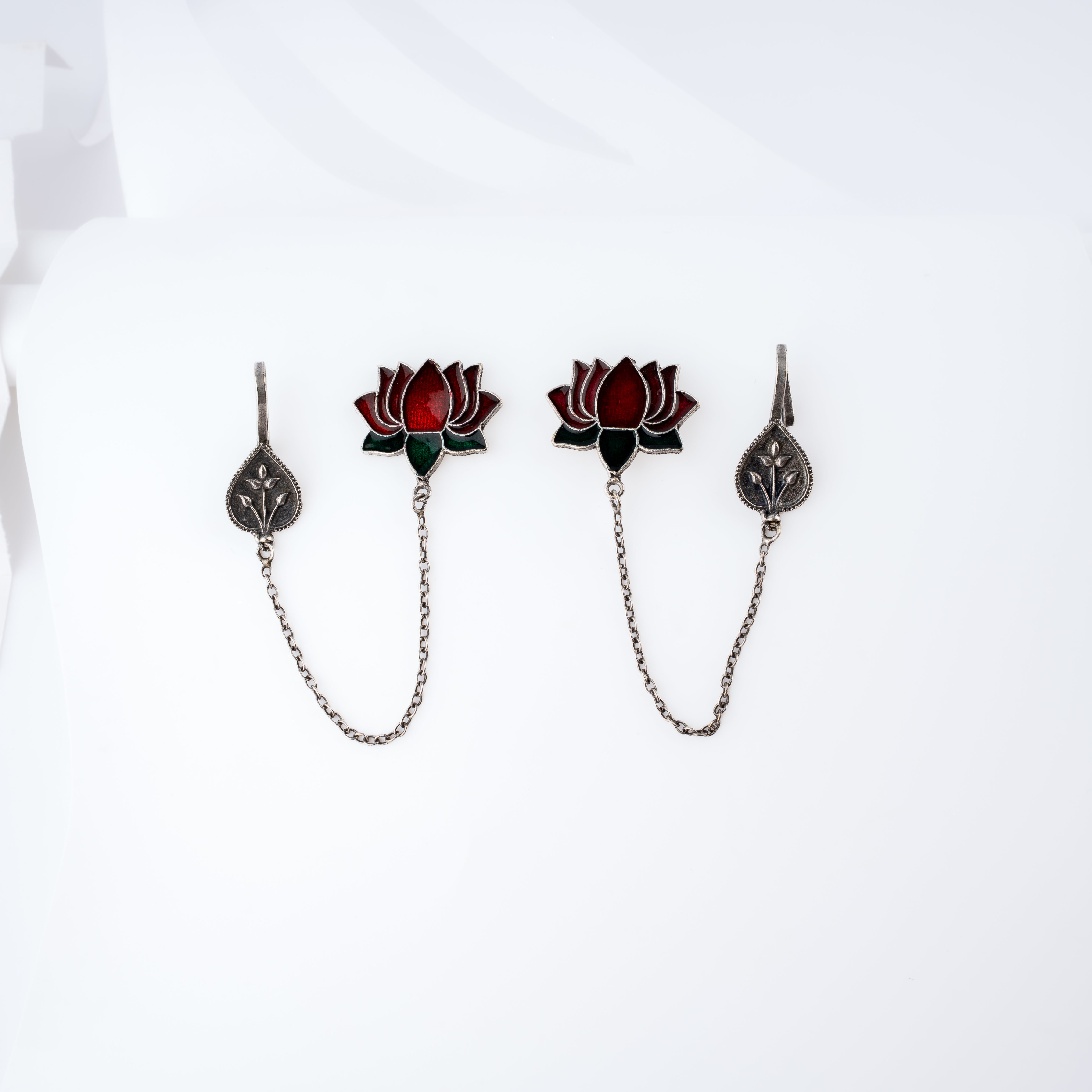 Oxidised Silver Meenakari Lotus Ear Chain Cuff Statement Earrings