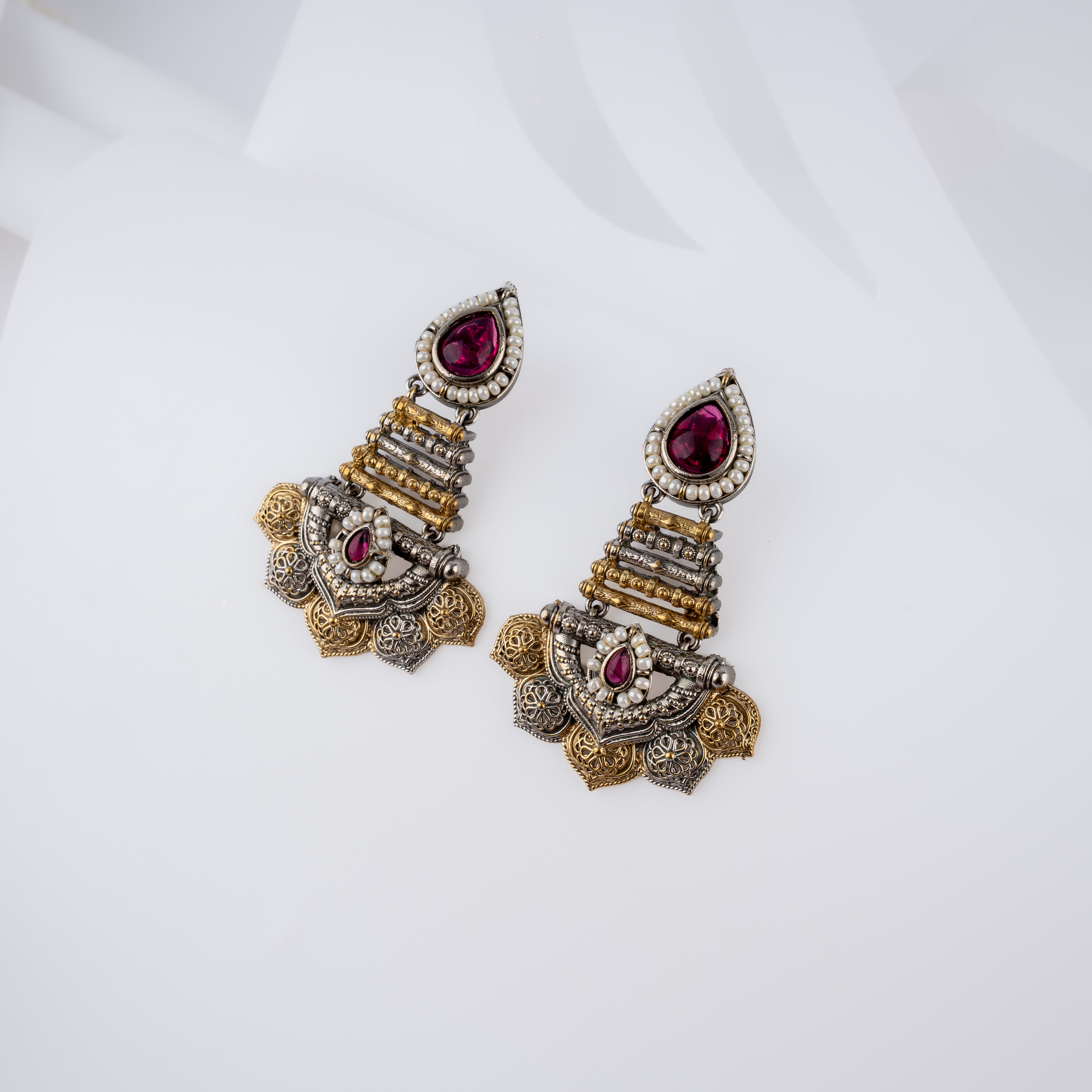 Dual Tone Tiered Spindle Scalloped Filigree Stone Statement Drop Earrings