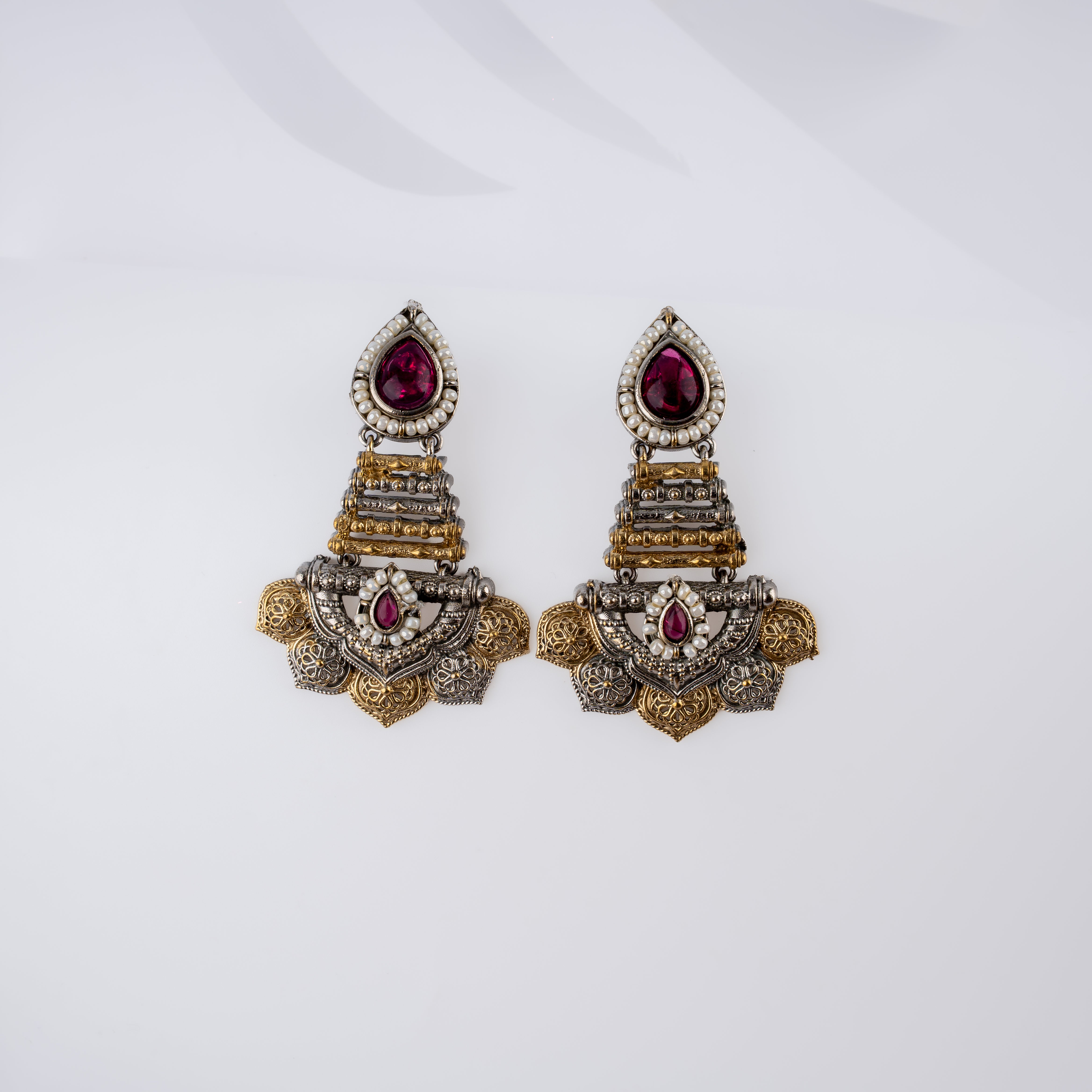 Dual Tone Tiered Spindle Scalloped Filigree Stone Statement Drop Earrings