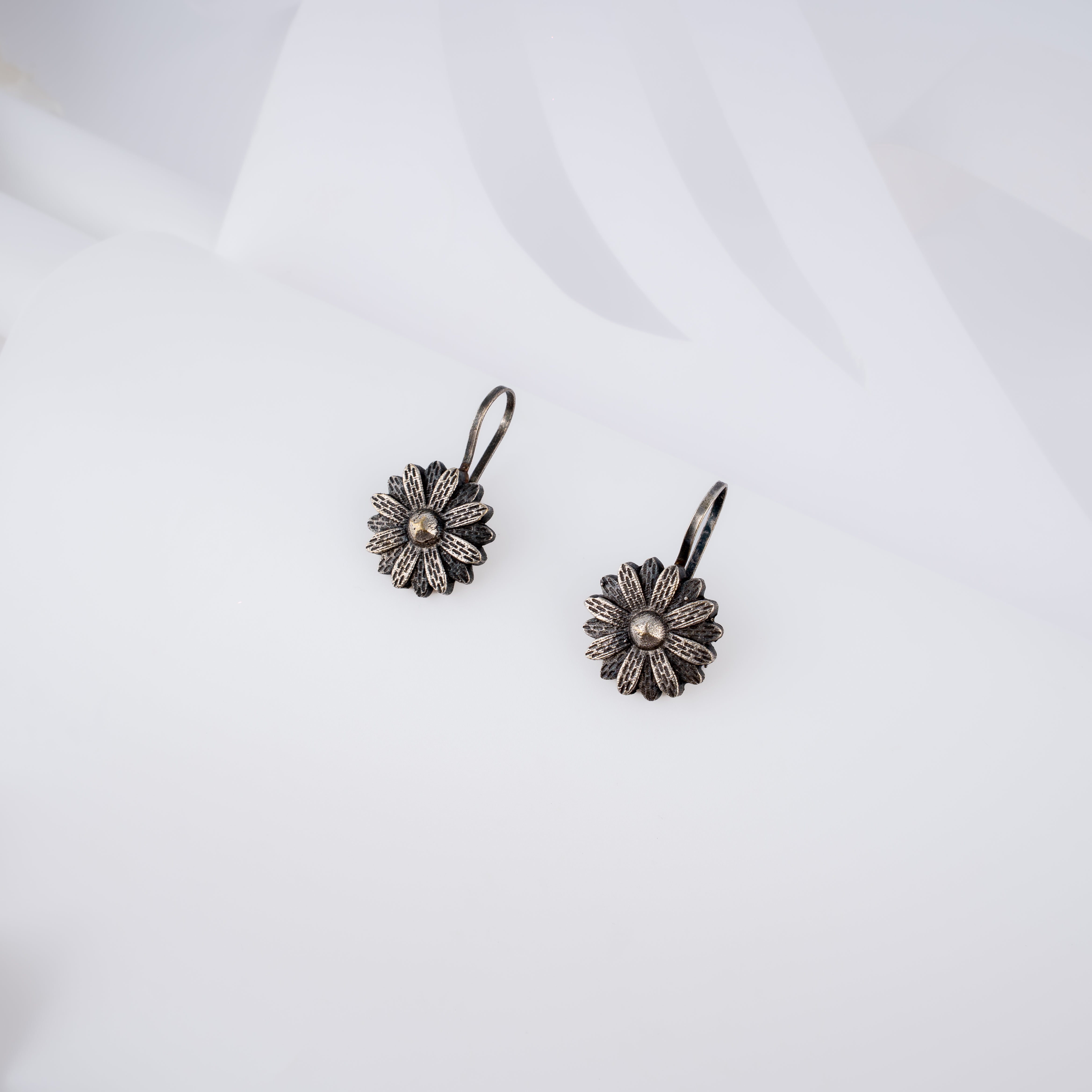 Oxidised Silver Sunflower Daisy Leverback Clip Earrings