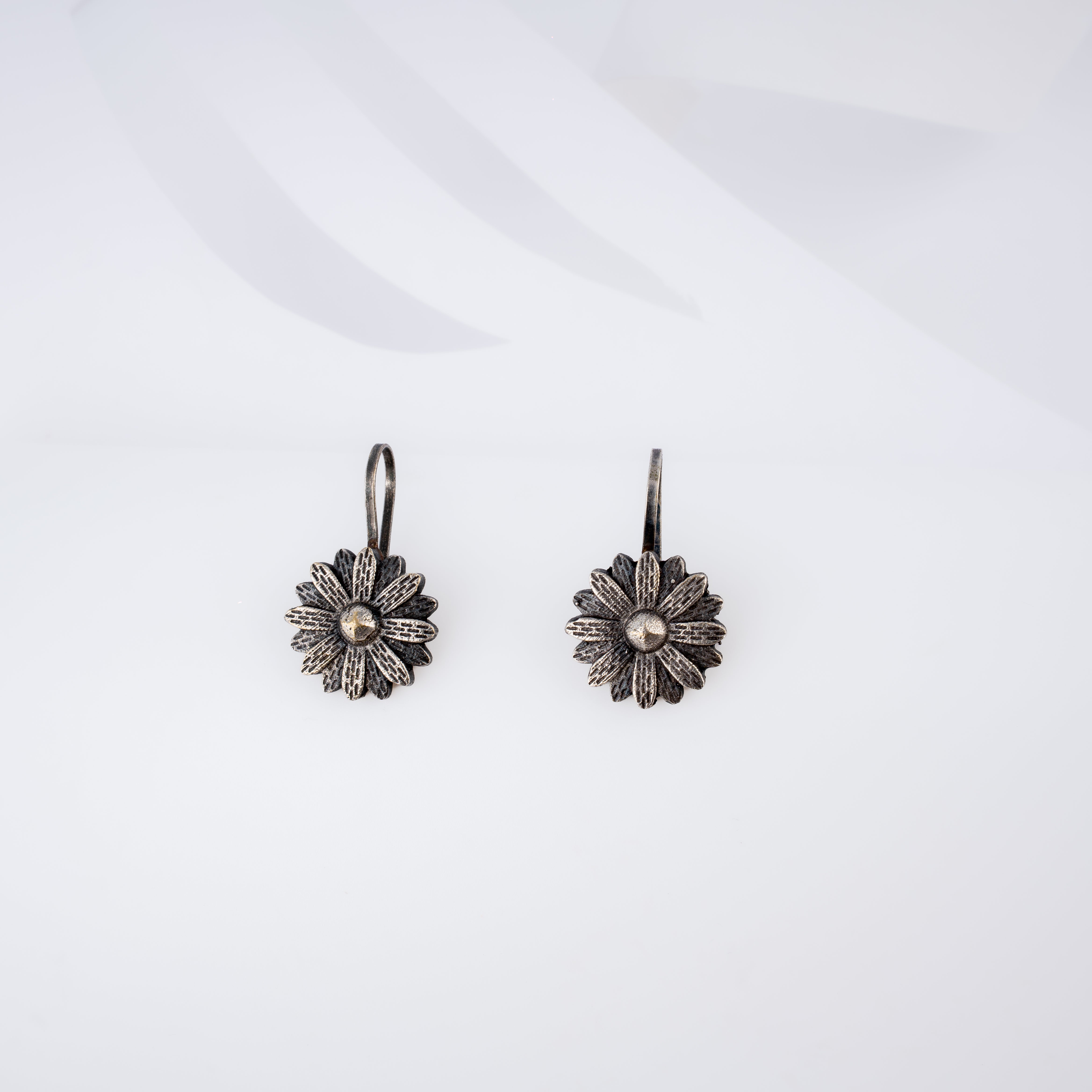 Oxidised Silver Sunflower Daisy Leverback Clip Earrings