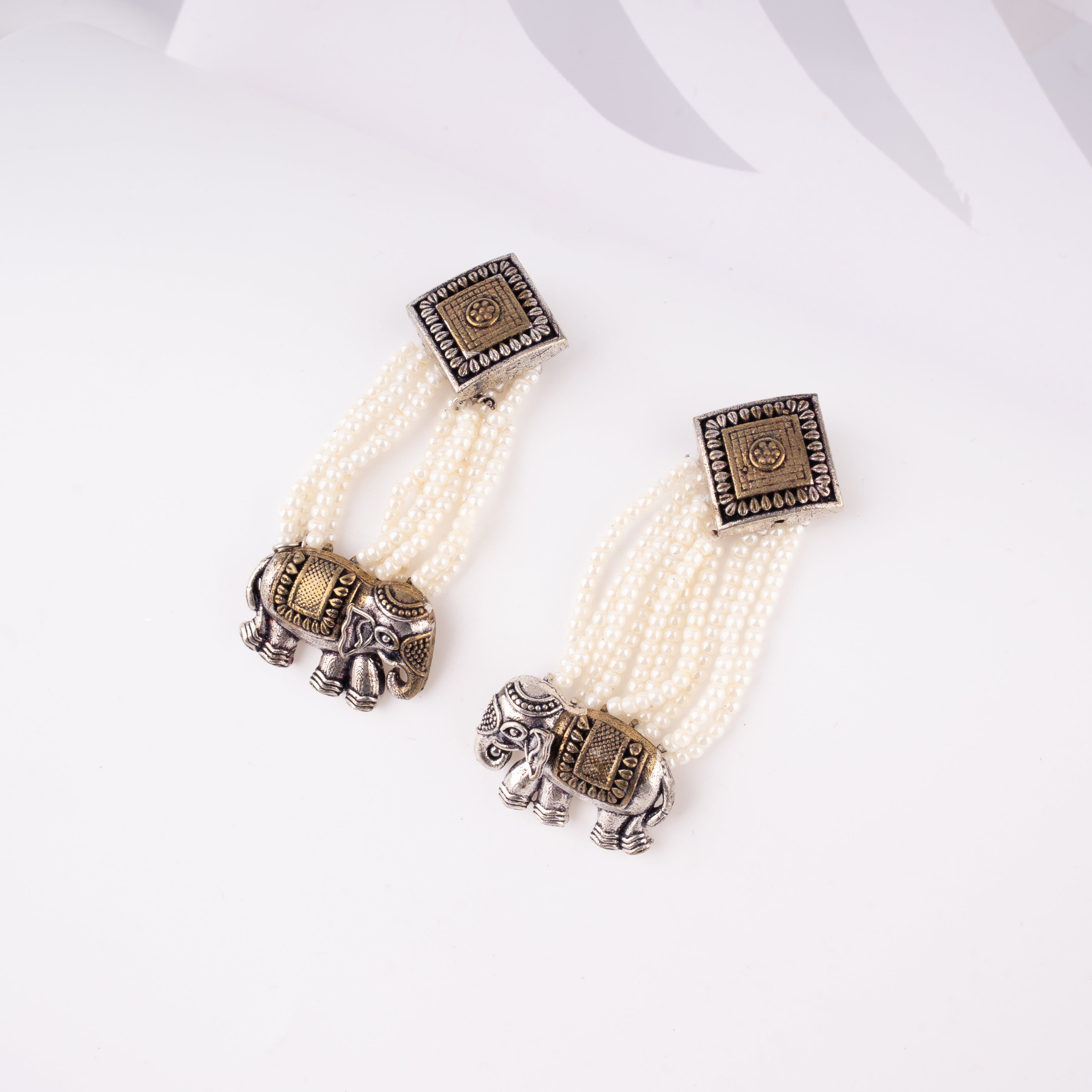 Dual Tone Royal Elephant Multi Strand Pearl Drop Statement Earrings