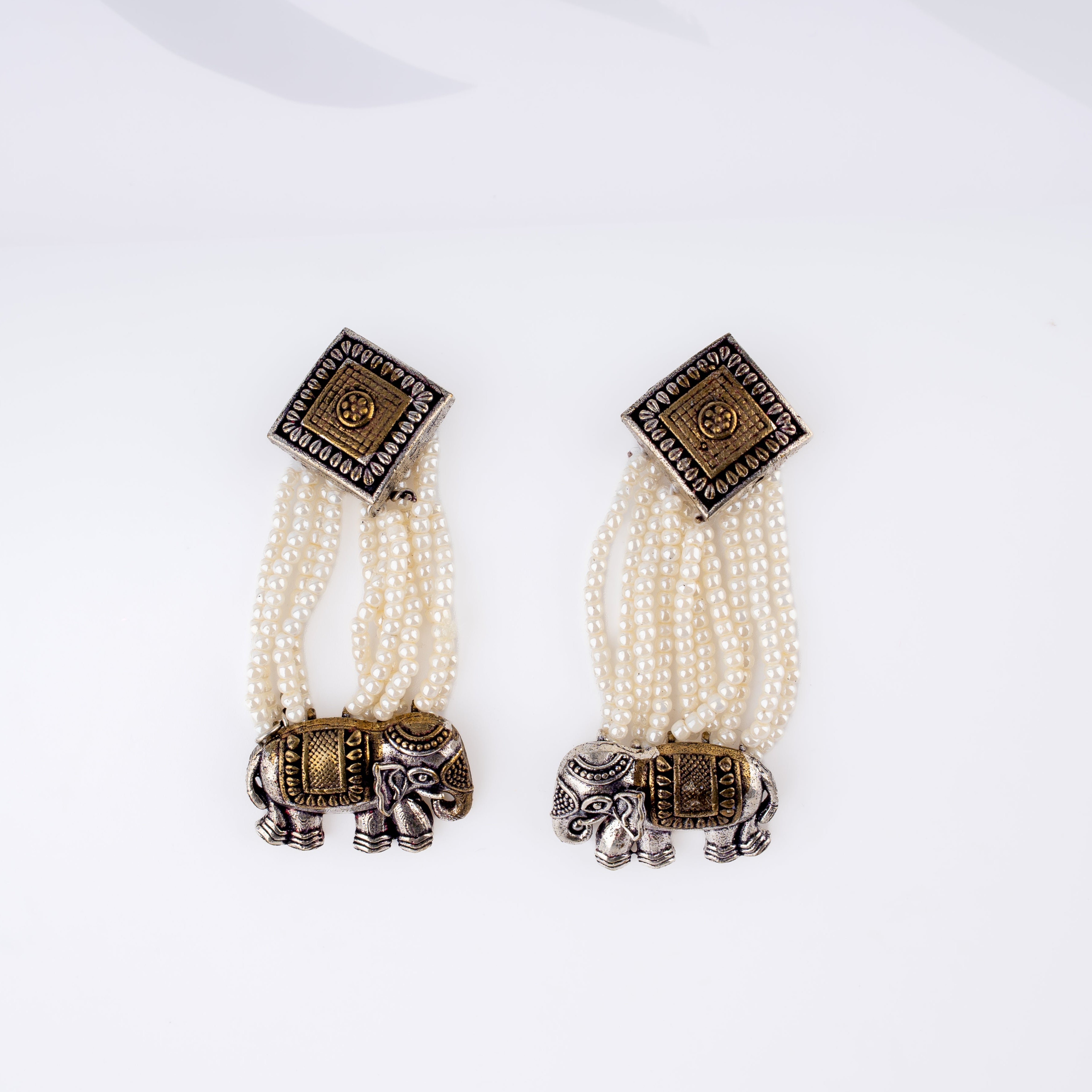 Dual Tone Royal Elephant Multi Strand Pearl Drop Statement Earrings