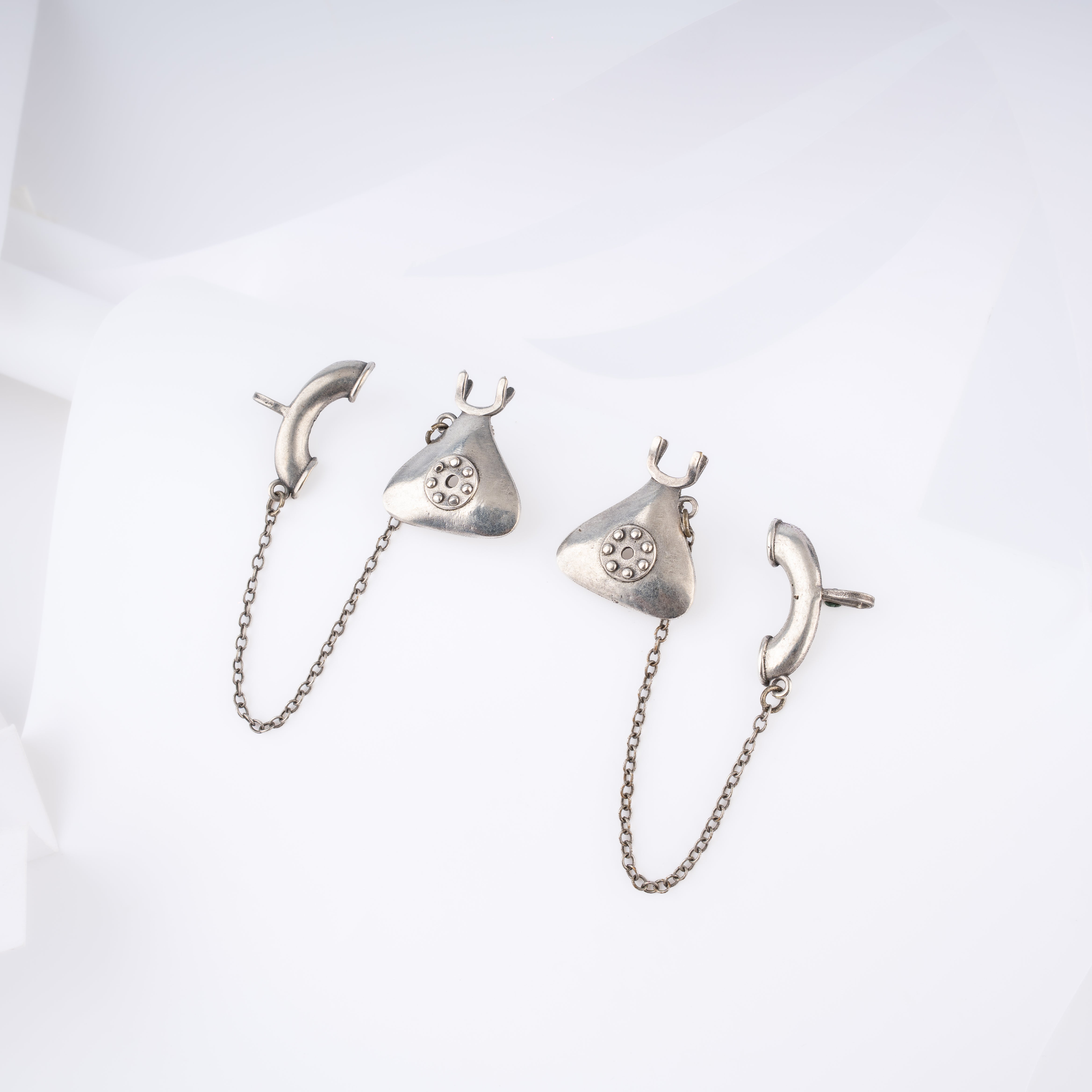 Oxidised Silver Vintage Rotary Telephone Ear Chain Stud Earrings