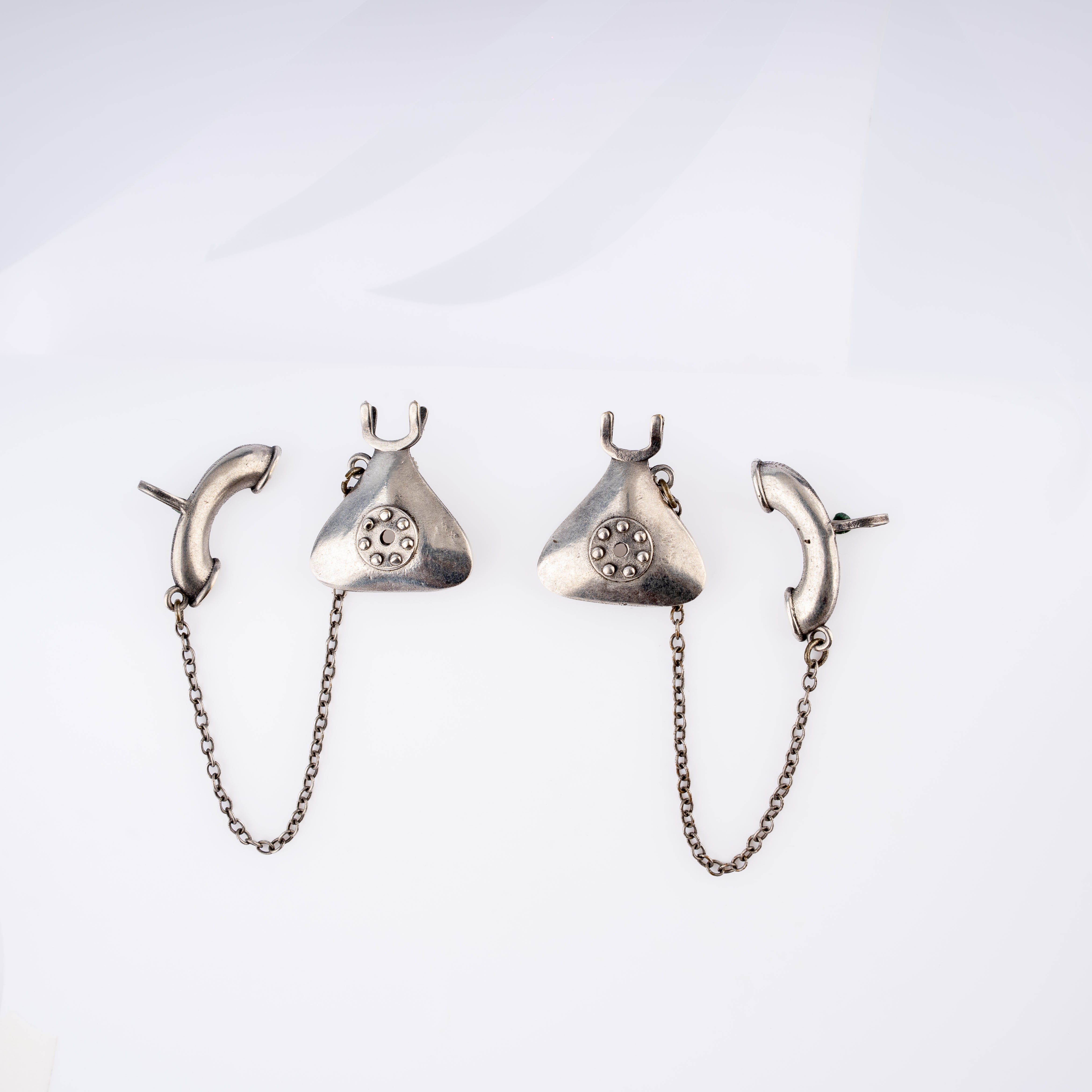 Oxidised Silver Vintage Rotary Telephone Ear Chain Stud Earrings