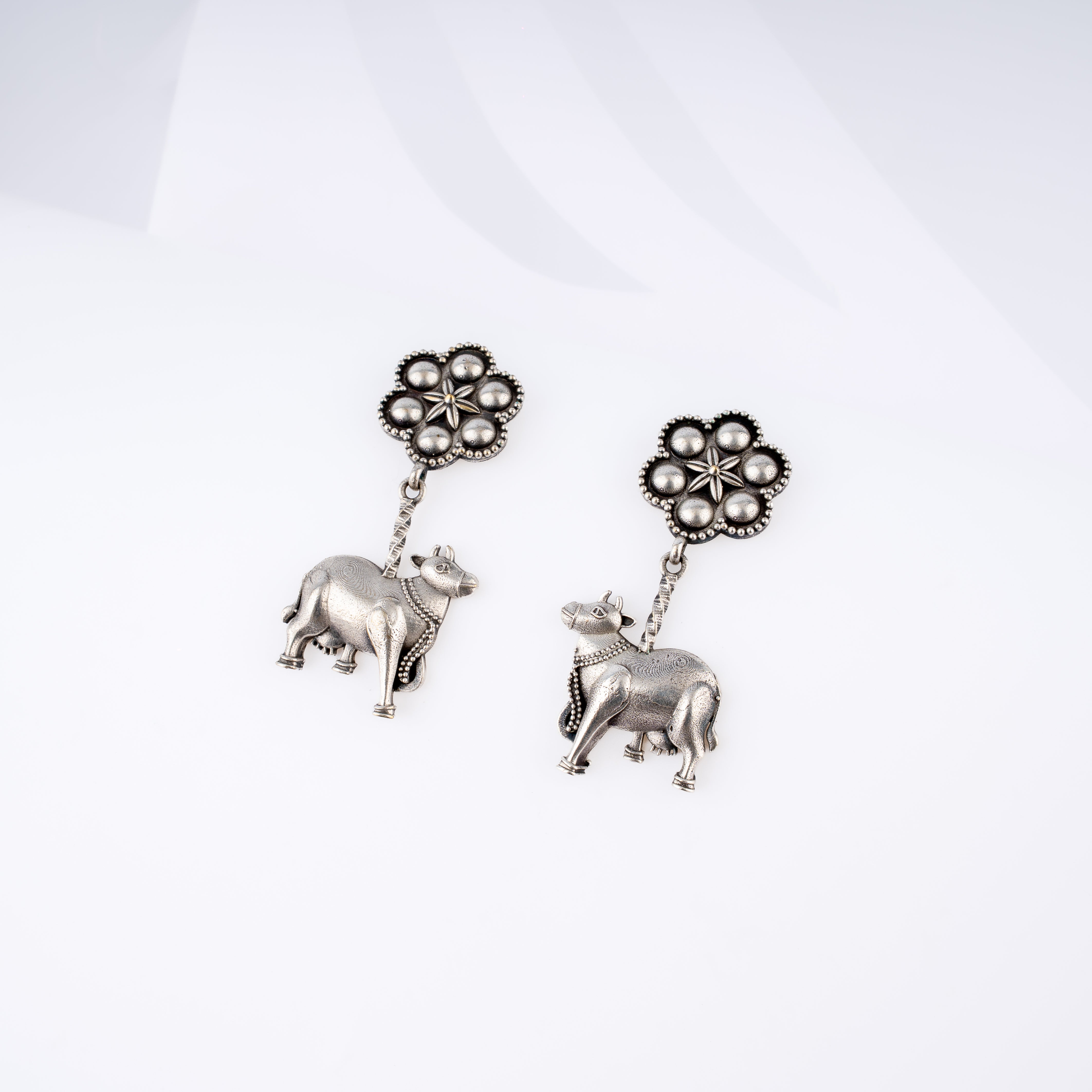 Oxidised Silver Sacred Kamadhenu Cow Floral Drop Statement Earrings