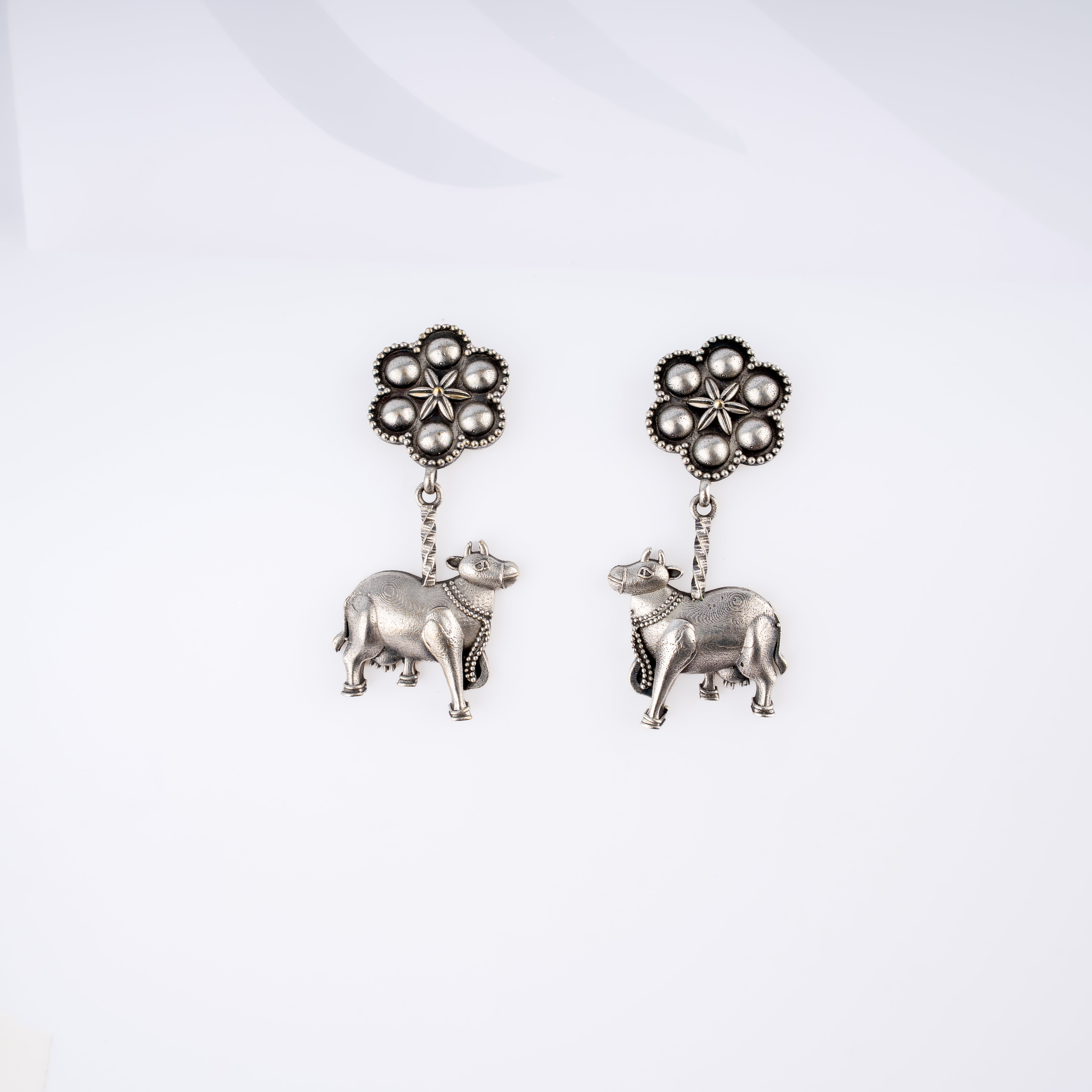Oxidised Silver Sacred Kamadhenu Cow Floral Drop Statement Earrings