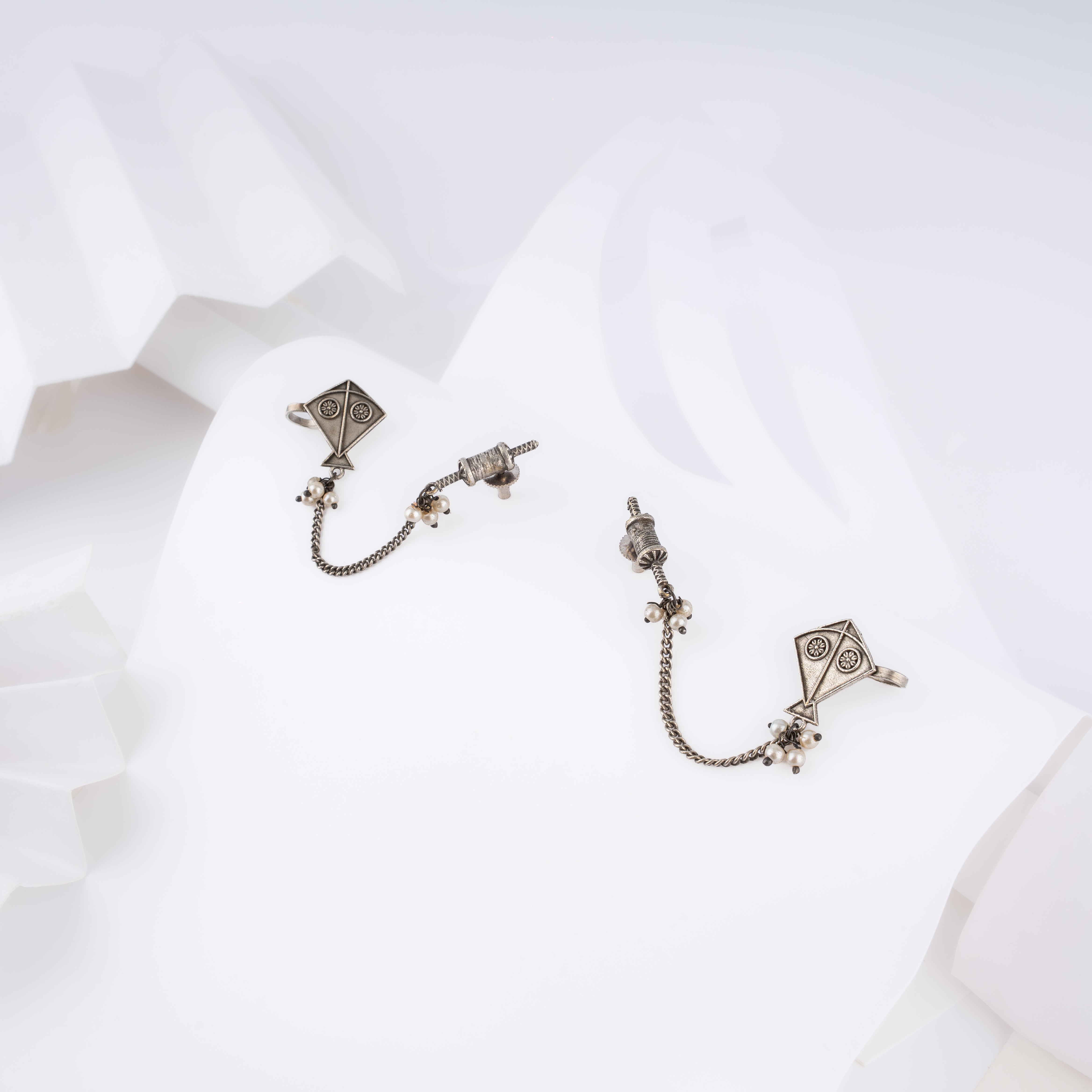 Oxidised Silver Patang Firki Kite Ear Chain Cuff Statement Earrings
