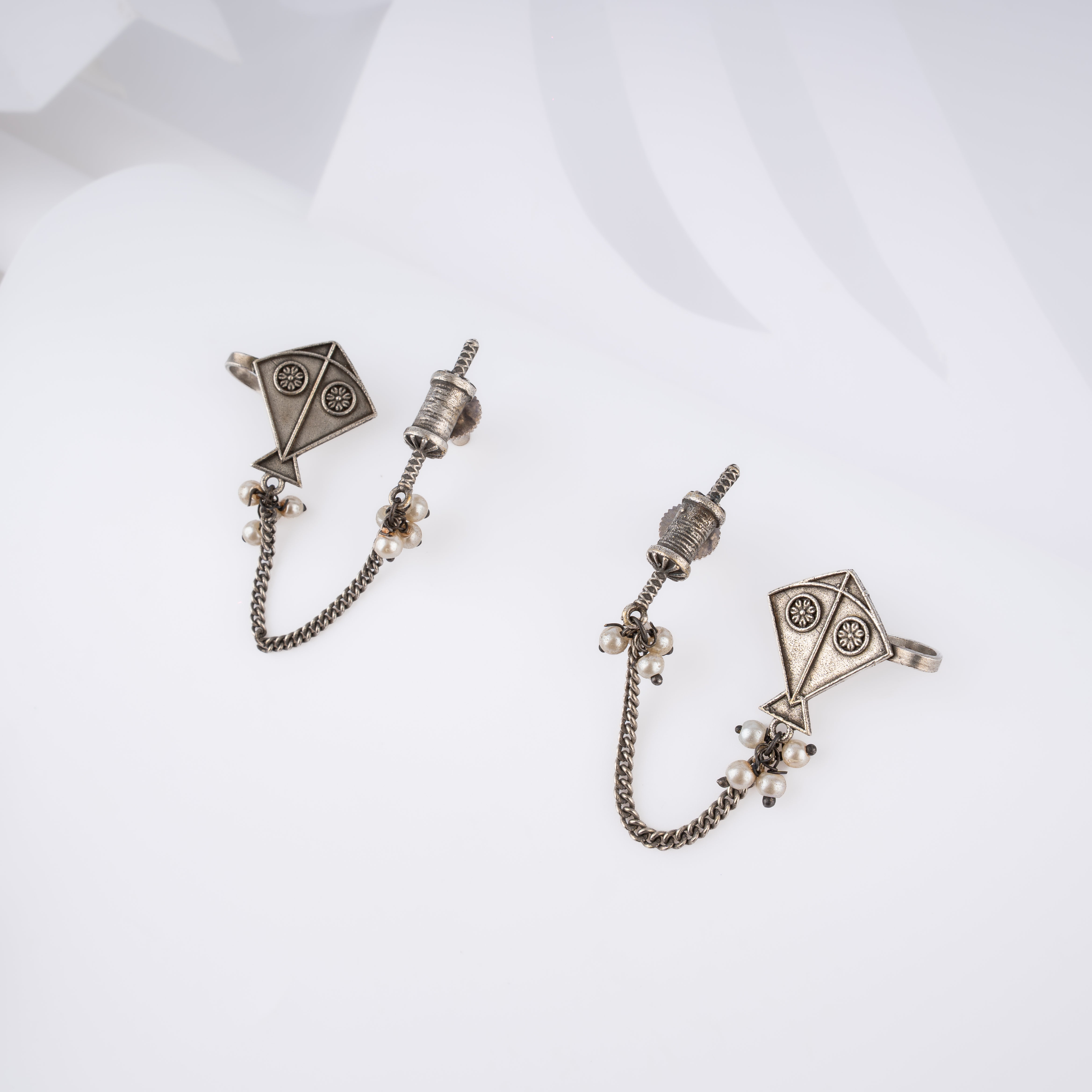 Oxidised Silver Patang Firki Kite Ear Chain Cuff Statement Earrings
