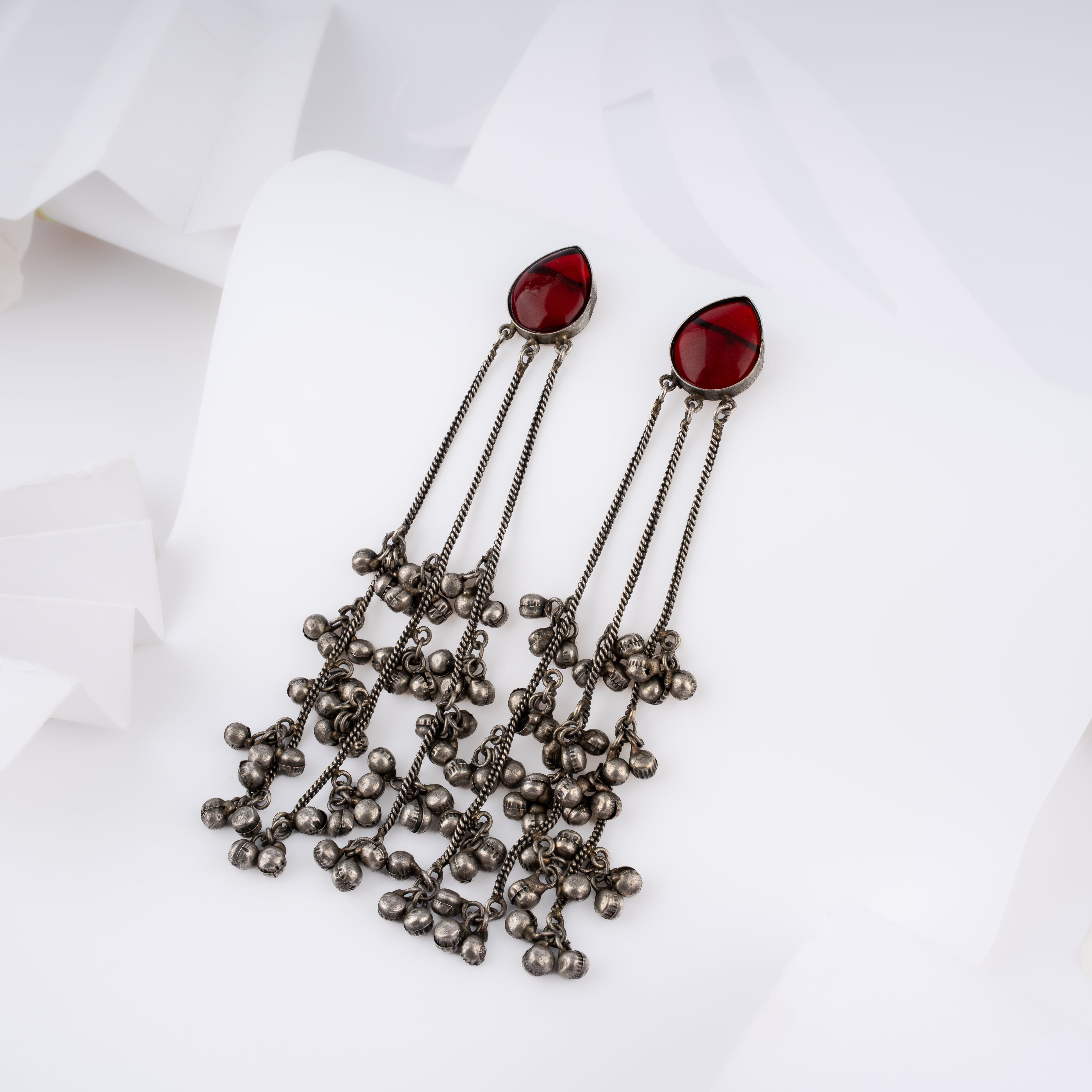 Oxidised Silver Teardrop Stone Multi Chain Ghungroo Tassel Statement Earrings