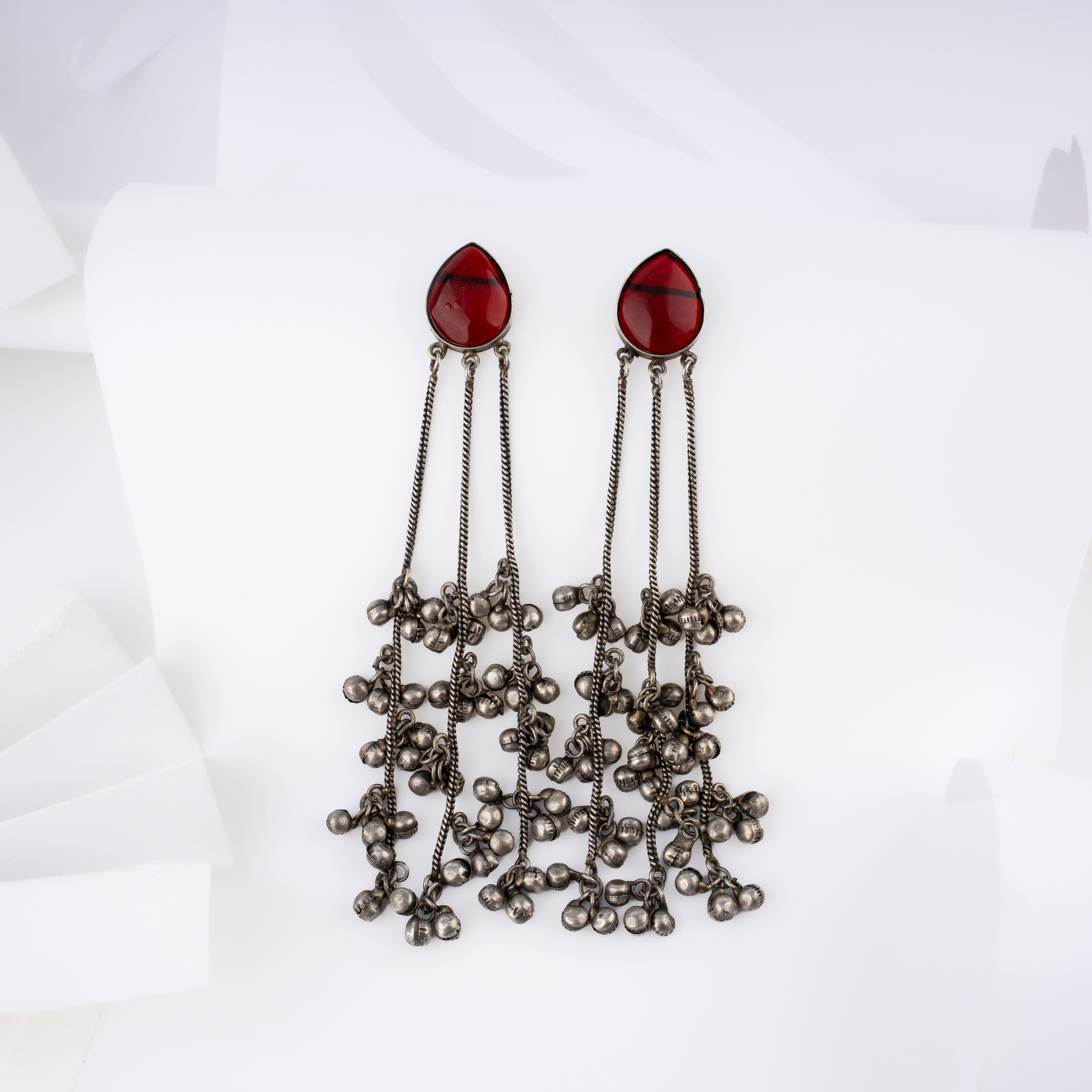 Oxidised Silver Teardrop Stone Multi Chain Ghungroo Tassel Statement Earrings