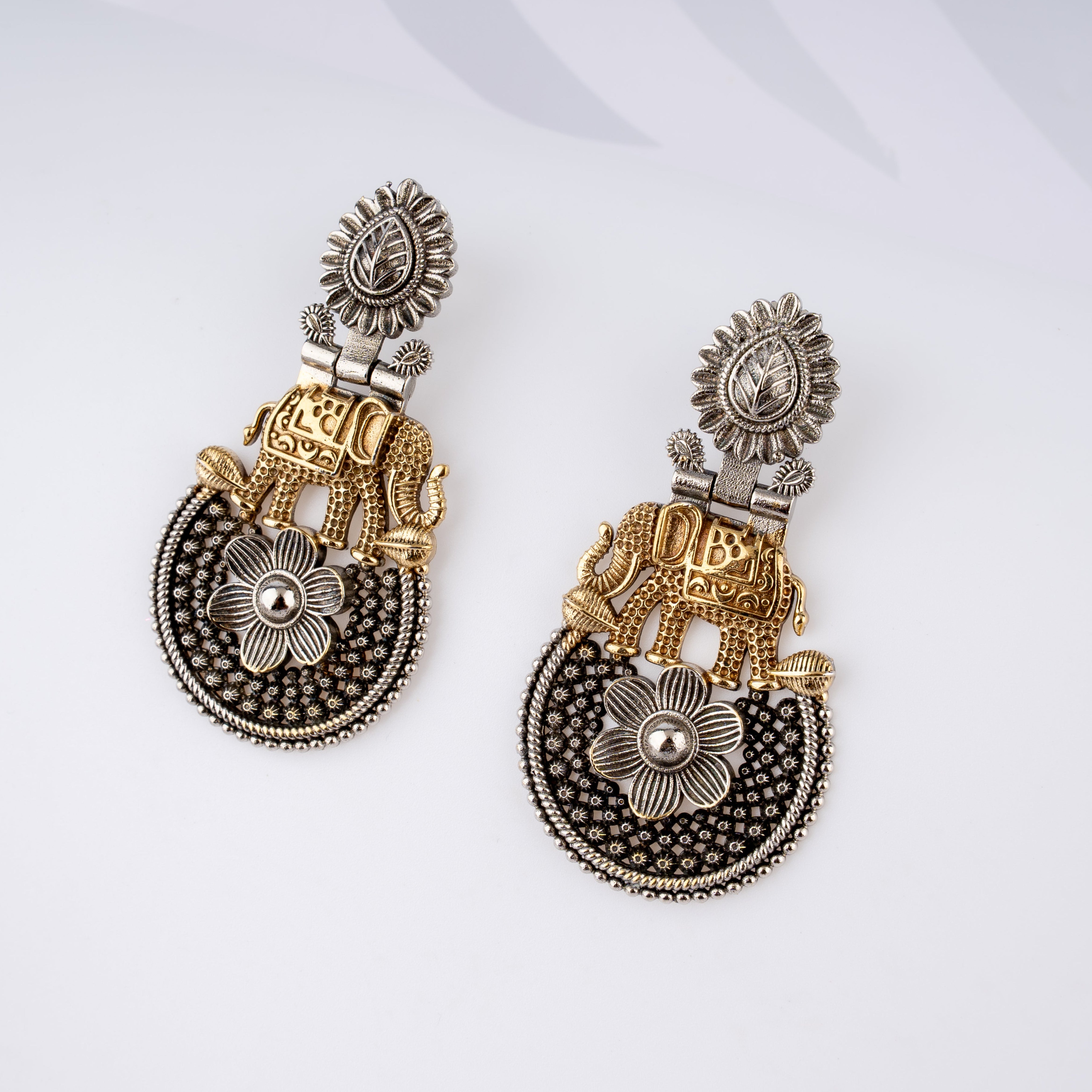Dual Tone Royal Elephant Floral Filigree Drop Statement Earrings