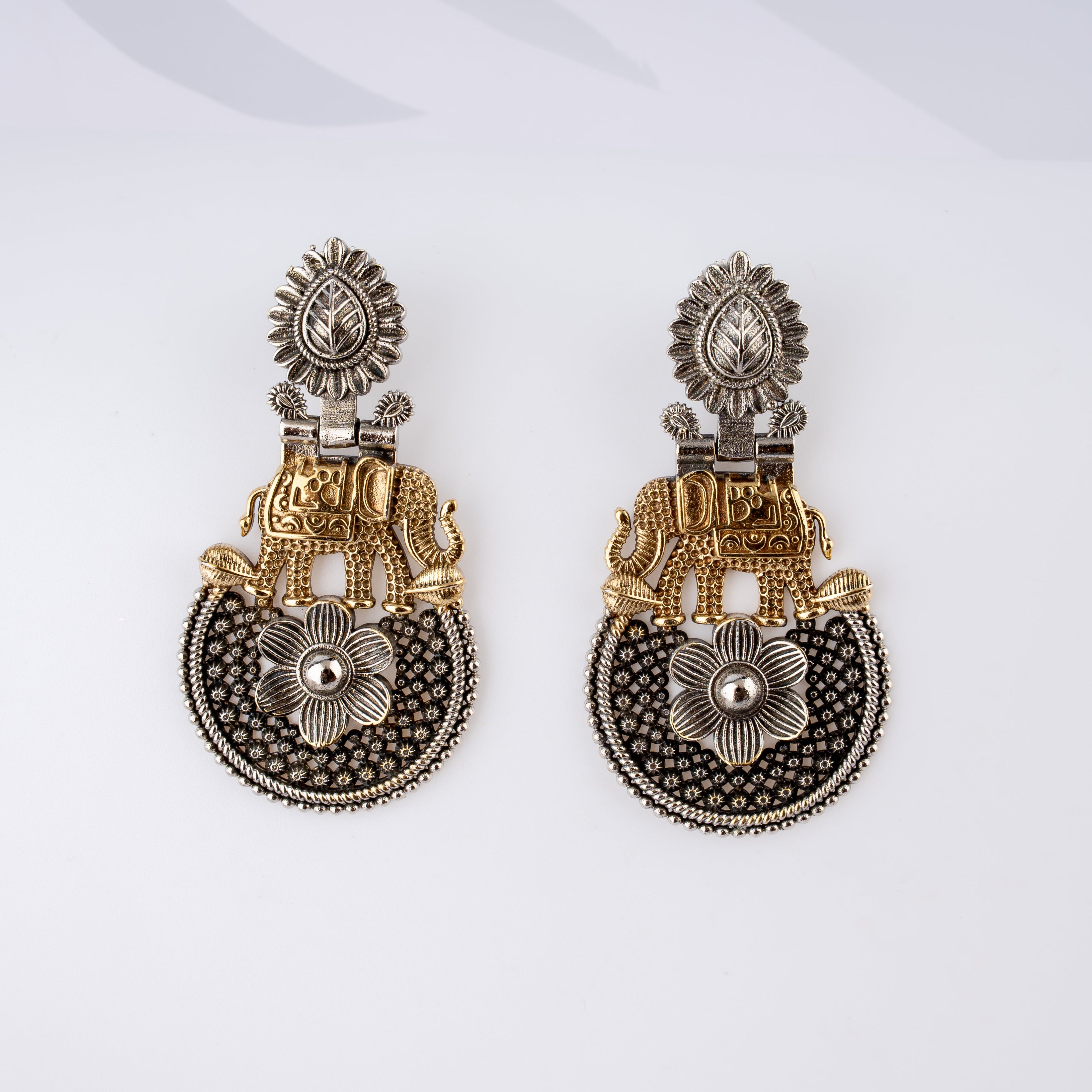 Dual Tone Royal Elephant Floral Filigree Drop Statement Earrings