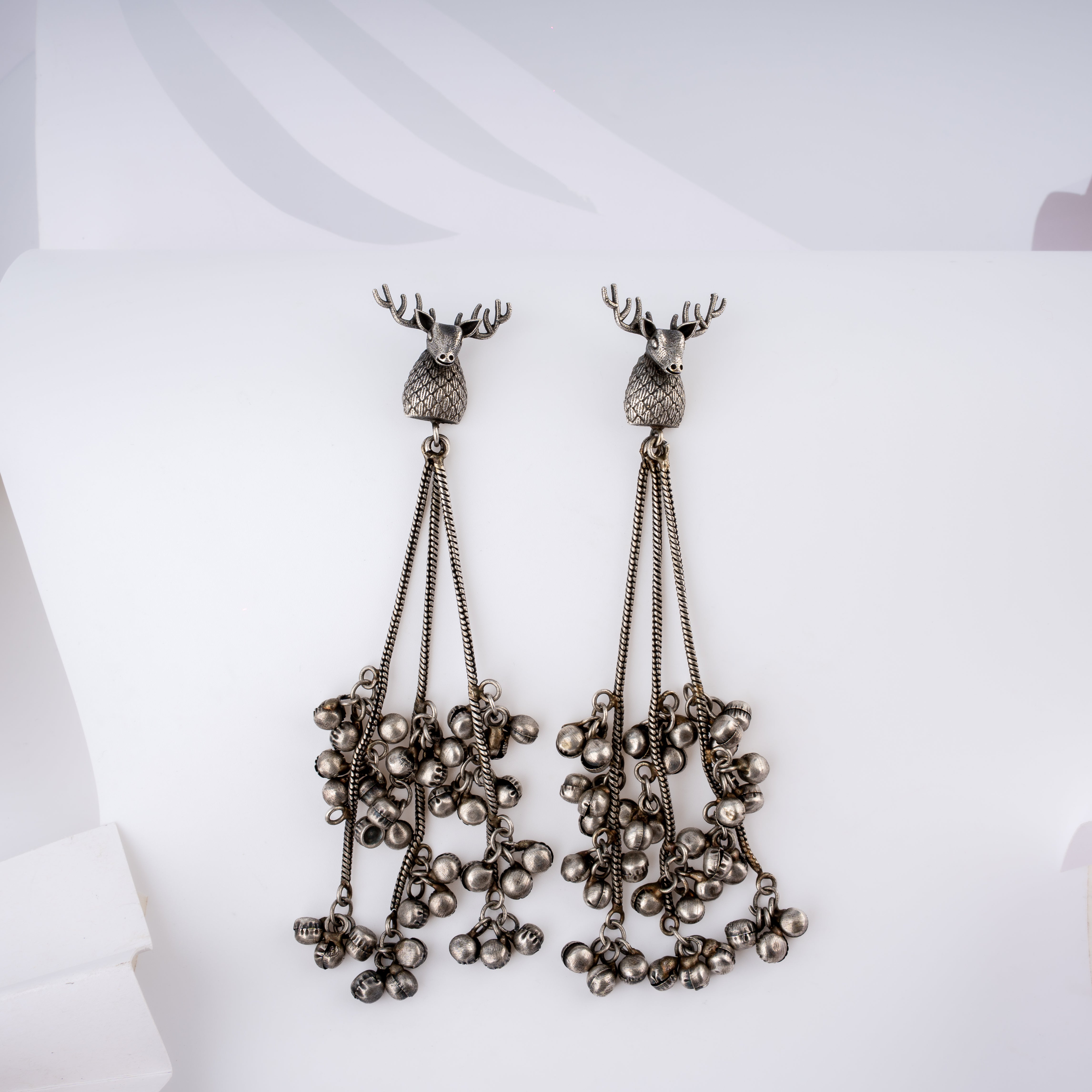 Oxidised Silver Royal Stag Long Chain Ghungroo Tassel Statement Earrings