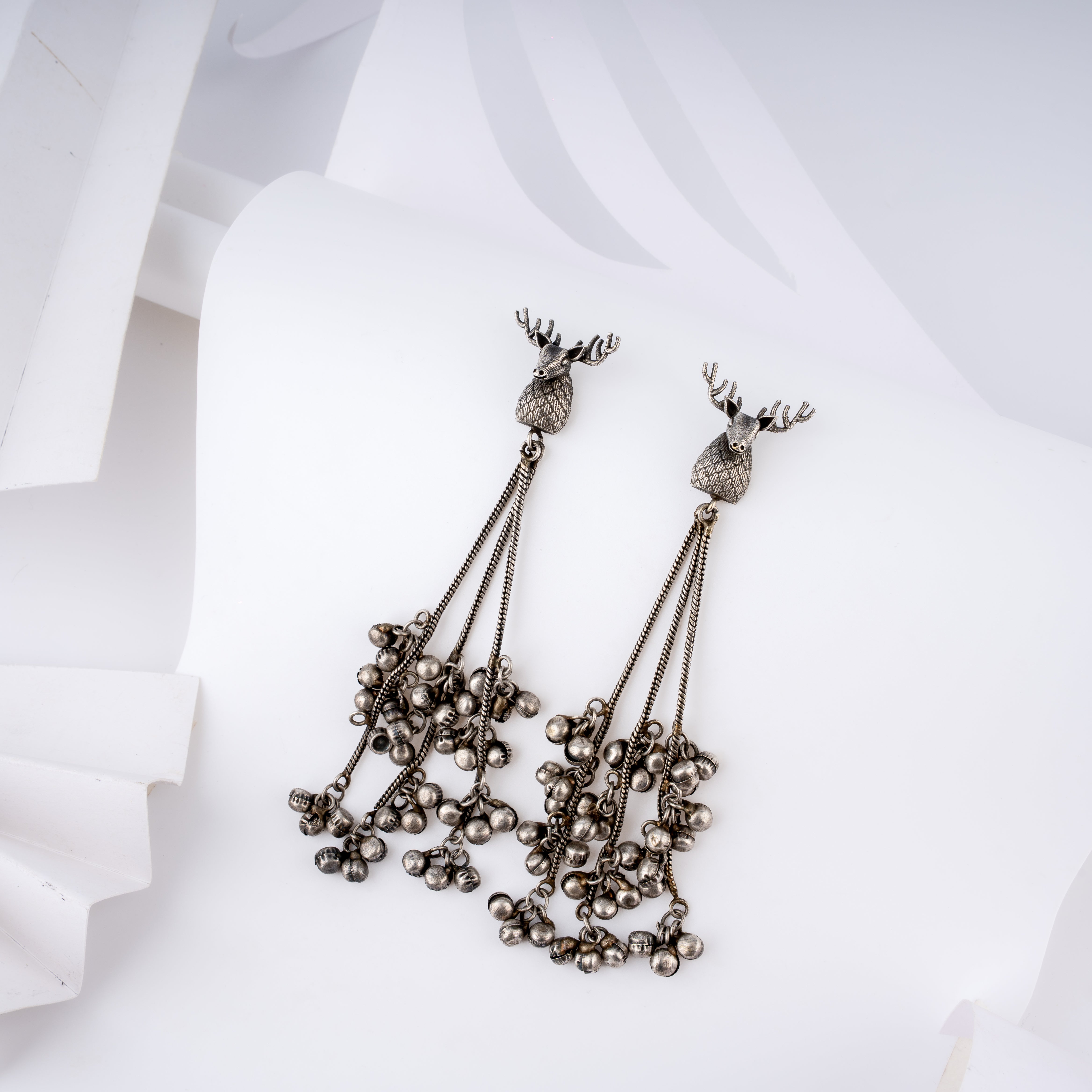Oxidised Silver Royal Stag Long Chain Ghungroo Tassel Statement Earrings