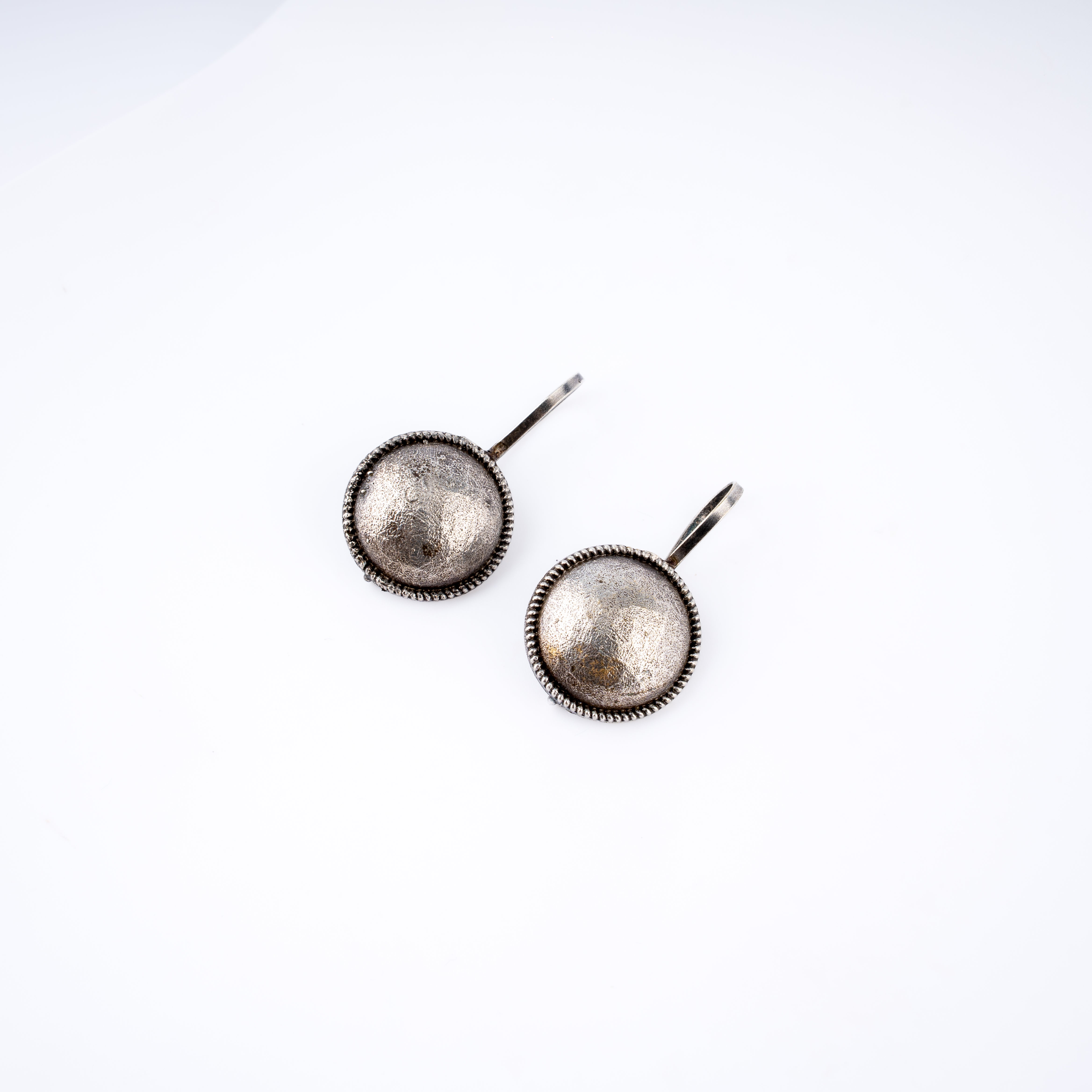 Oxidised Silver Domed Button Medallion Leverback Drop Earrings