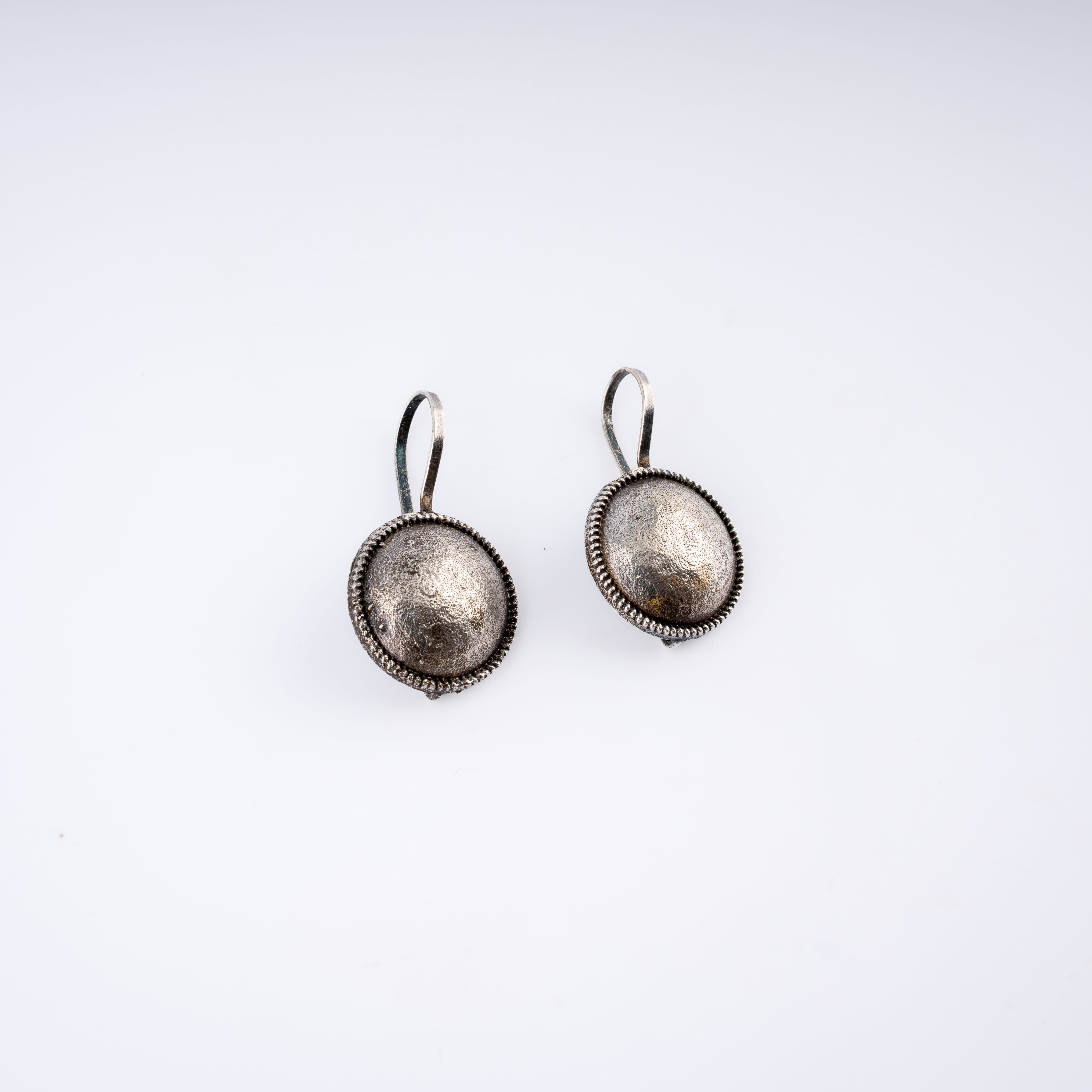 Oxidised Silver Domed Button Medallion Leverback Drop Earrings