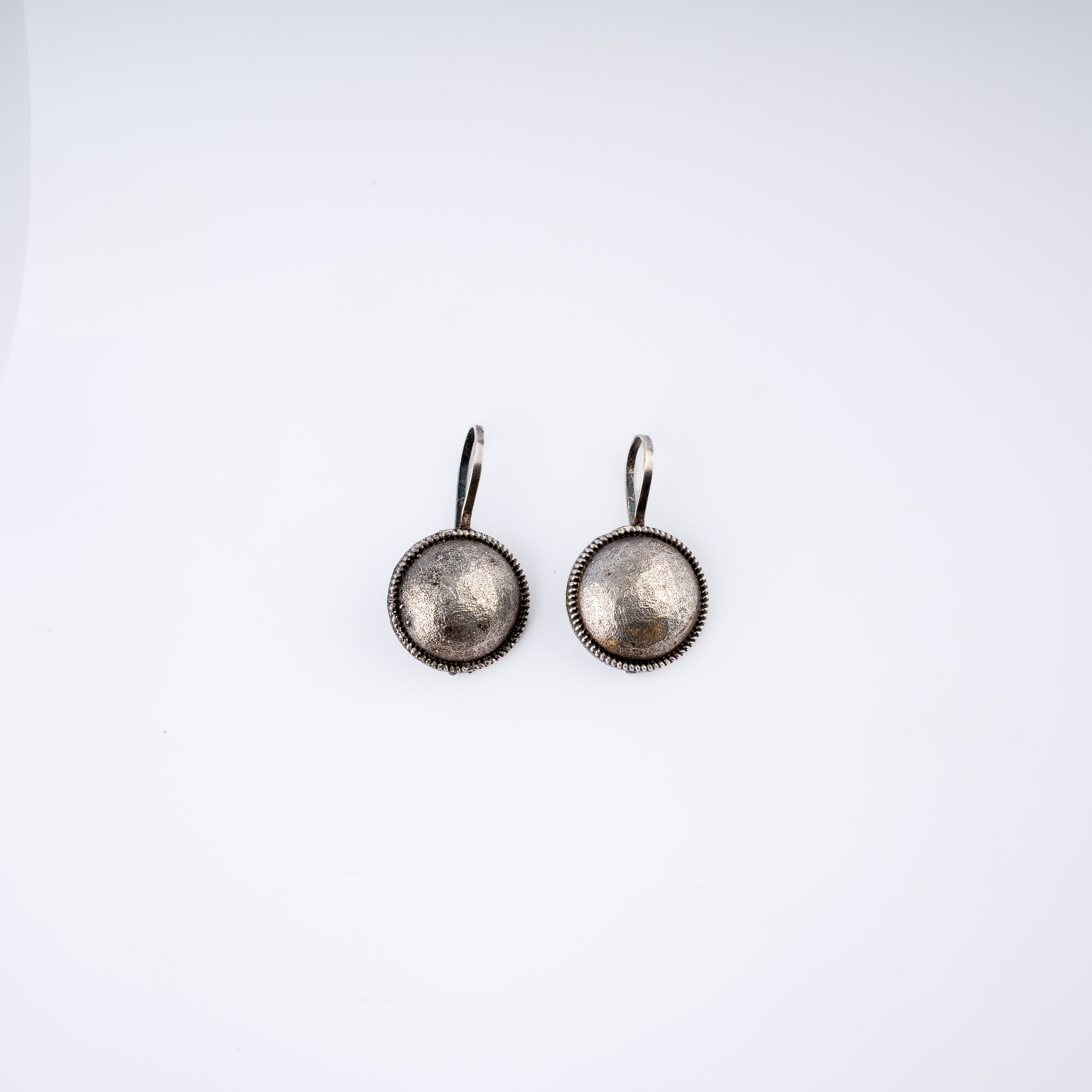 Oxidised Silver Domed Button Medallion Leverback Drop Earrings