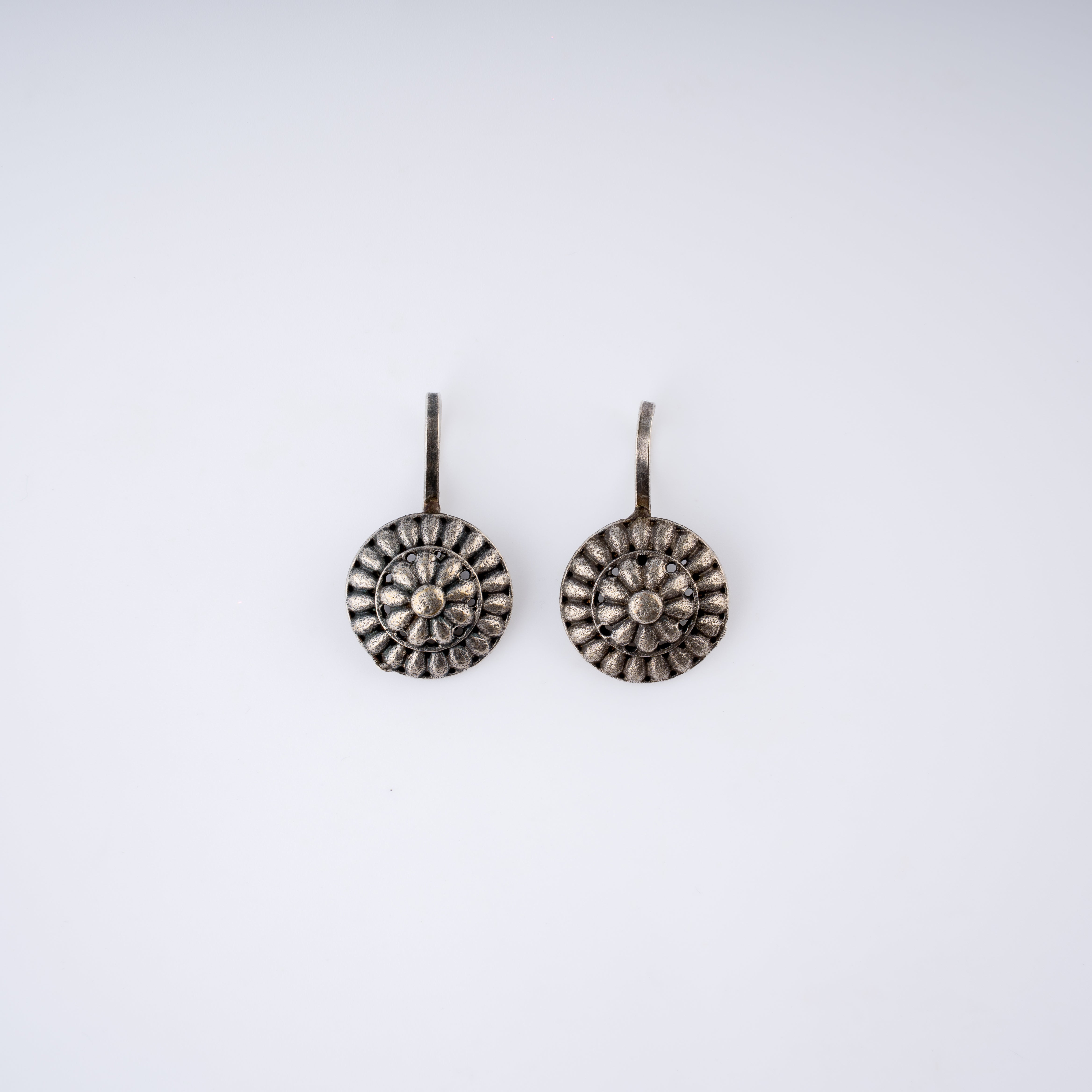Oxidised Silver Floral Rosette Medallion Leverback Drop Earrings