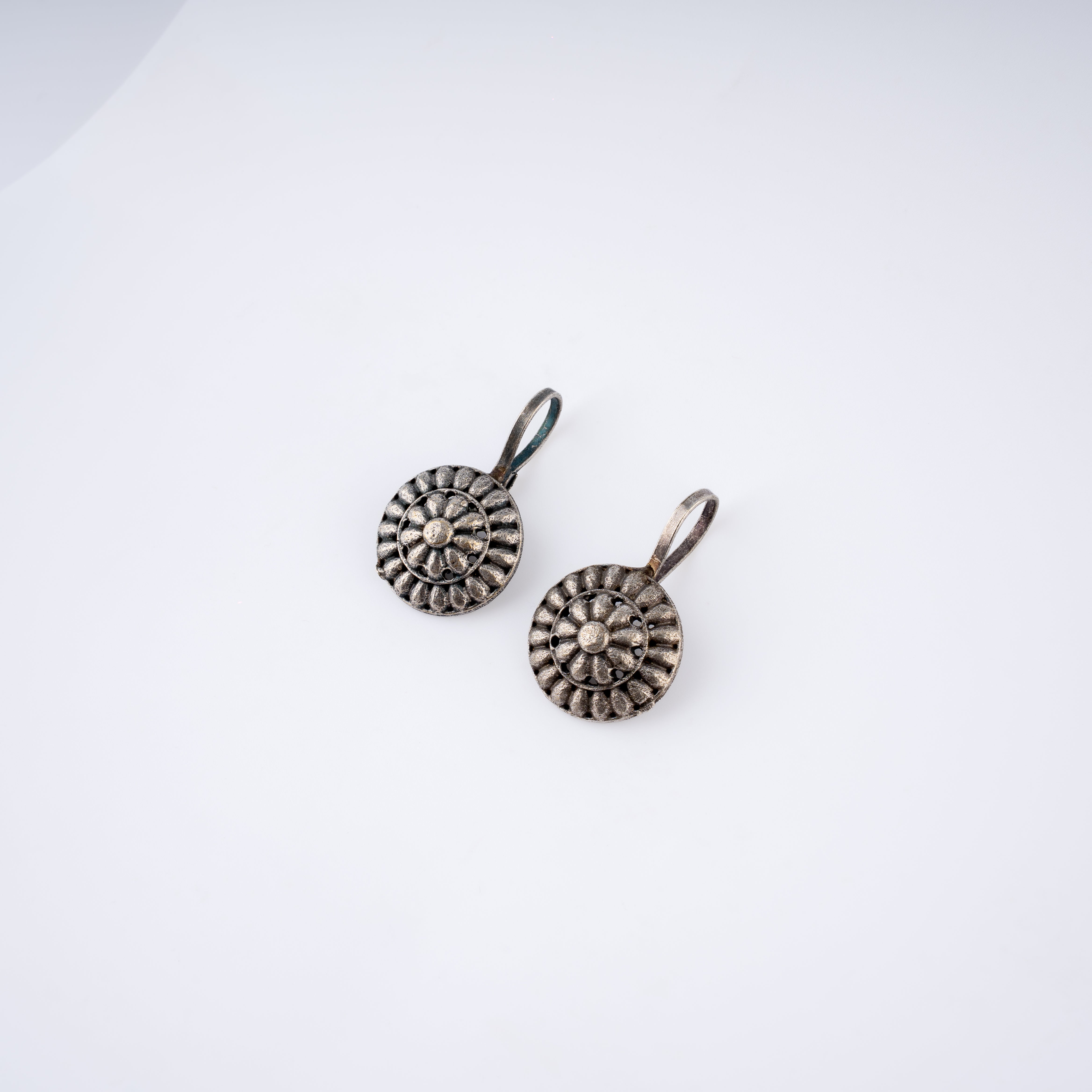 Oxidised Silver Floral Rosette Medallion Leverback Drop Earrings