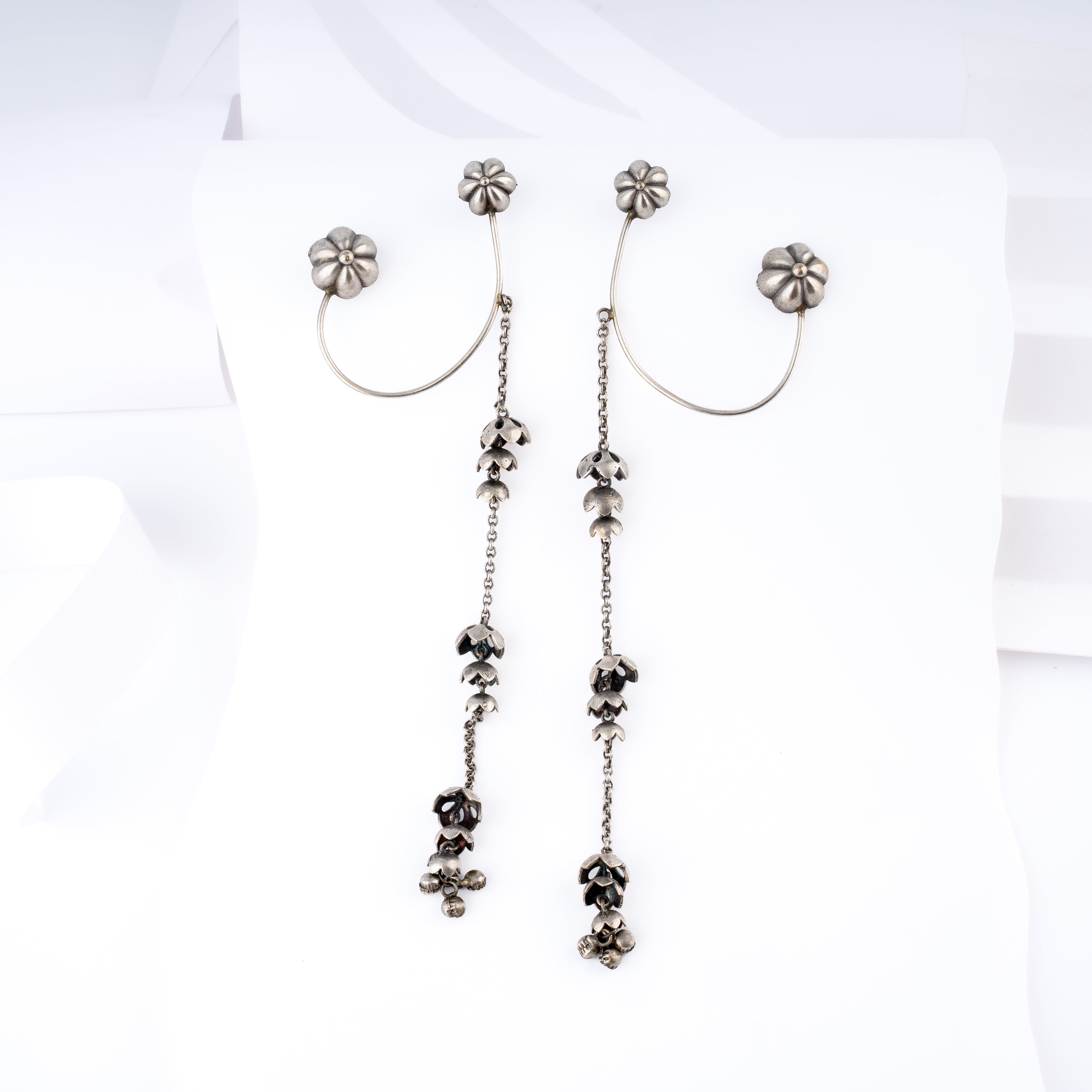 Oxidised Silver Floral Floret Ear Cuff Chain Tassel Statement Earrings