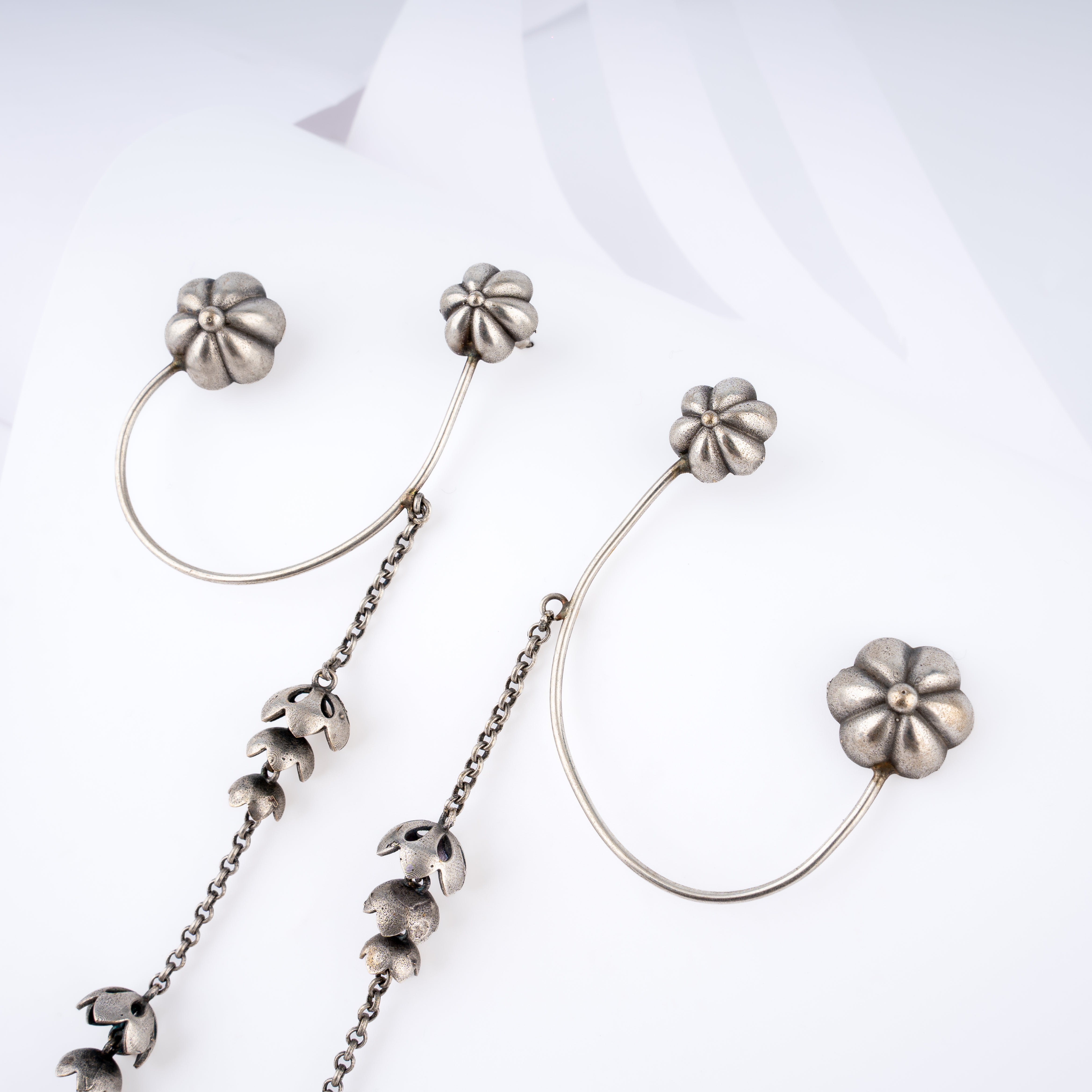 Oxidised Silver Floral Floret Ear Cuff Chain Tassel Statement Earrings