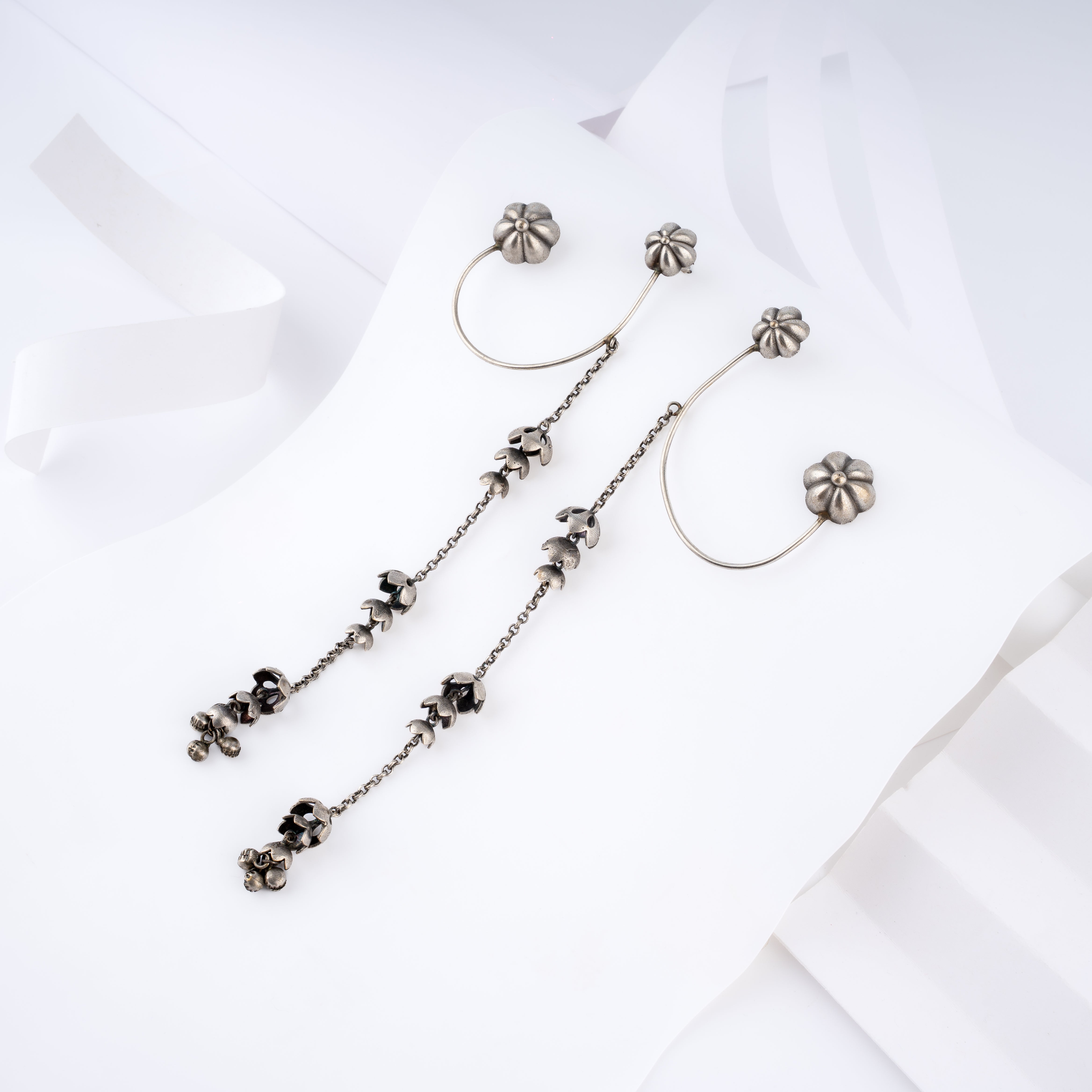 Oxidised Silver Floral Floret Ear Cuff Chain Tassel Statement Earrings