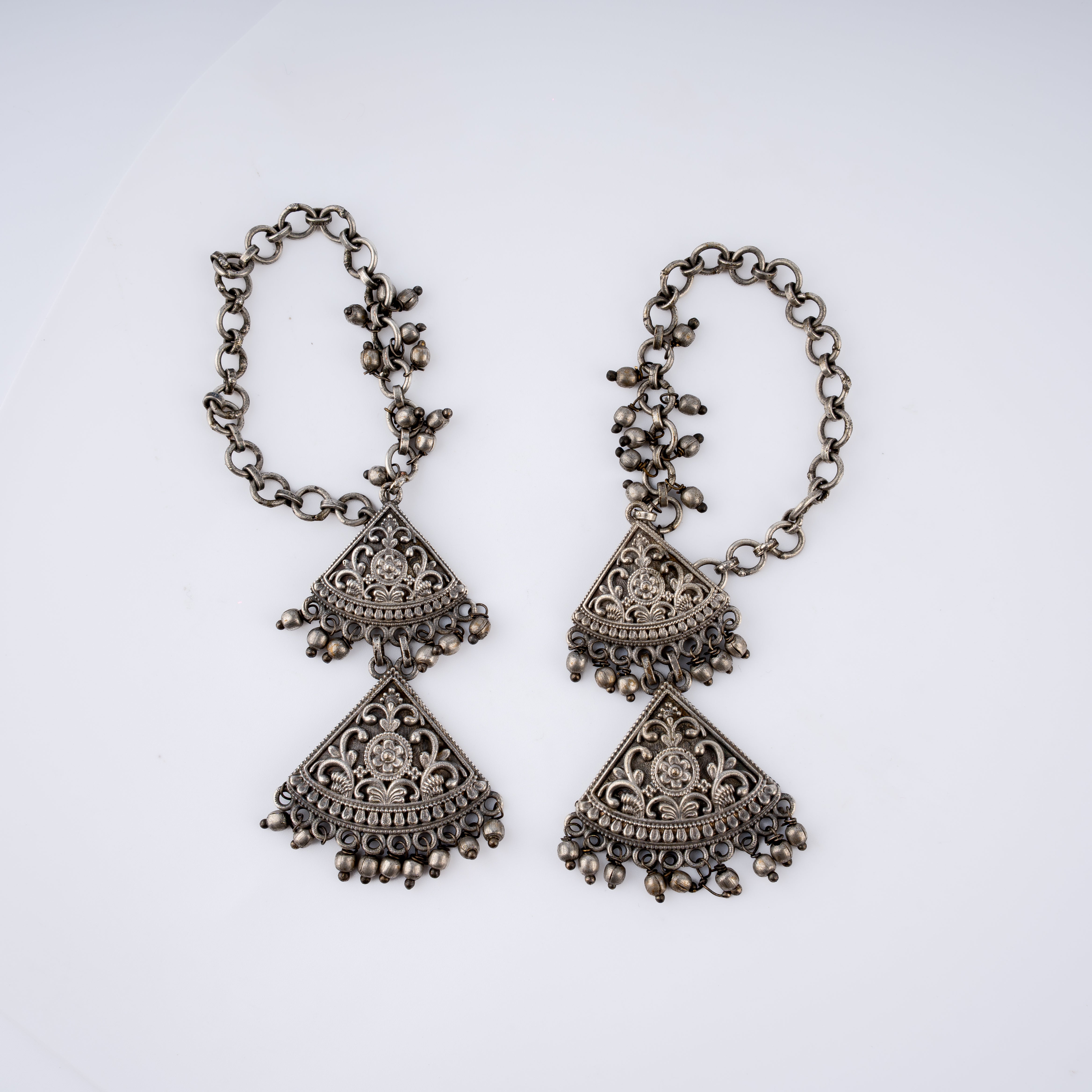 Oxidised Silver Filigree Fan Ear Chain Kanphool Statement Drop Earrings