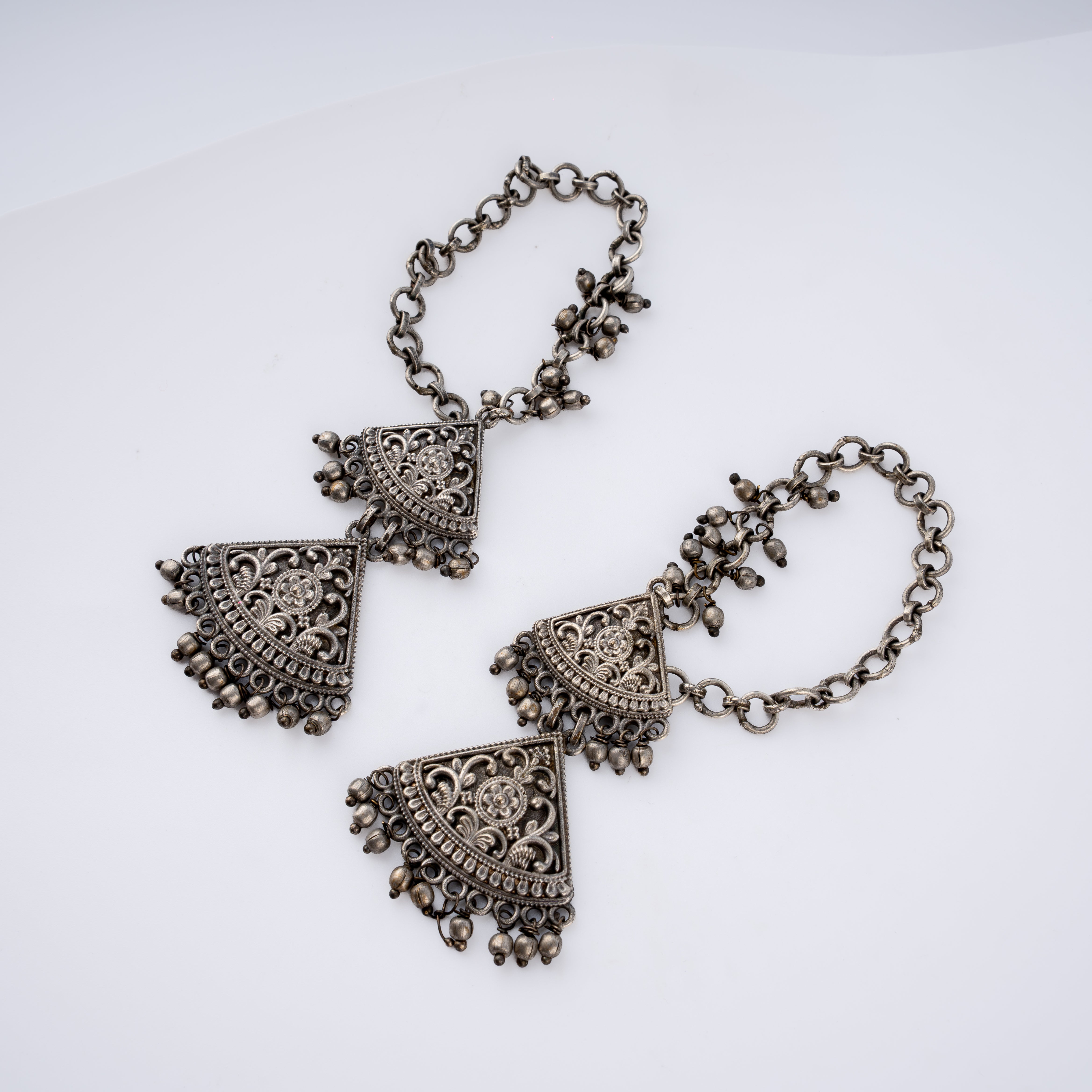 Oxidised Silver Filigree Fan Ear Chain Kanphool Statement Drop Earrings