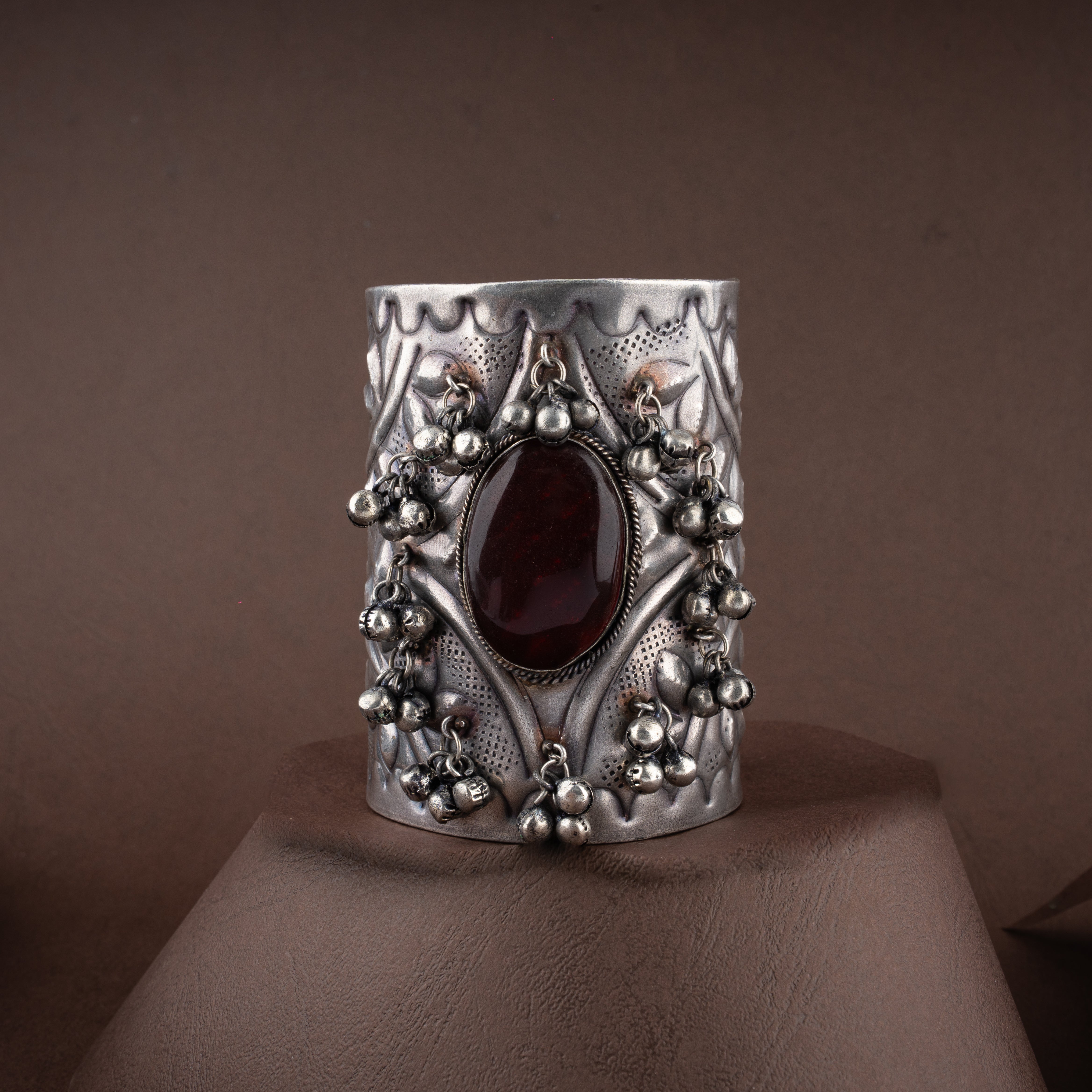 Oxidised Silver Tribal Statement Oval Stone Ghungroo Cuff Traditional Bracelet