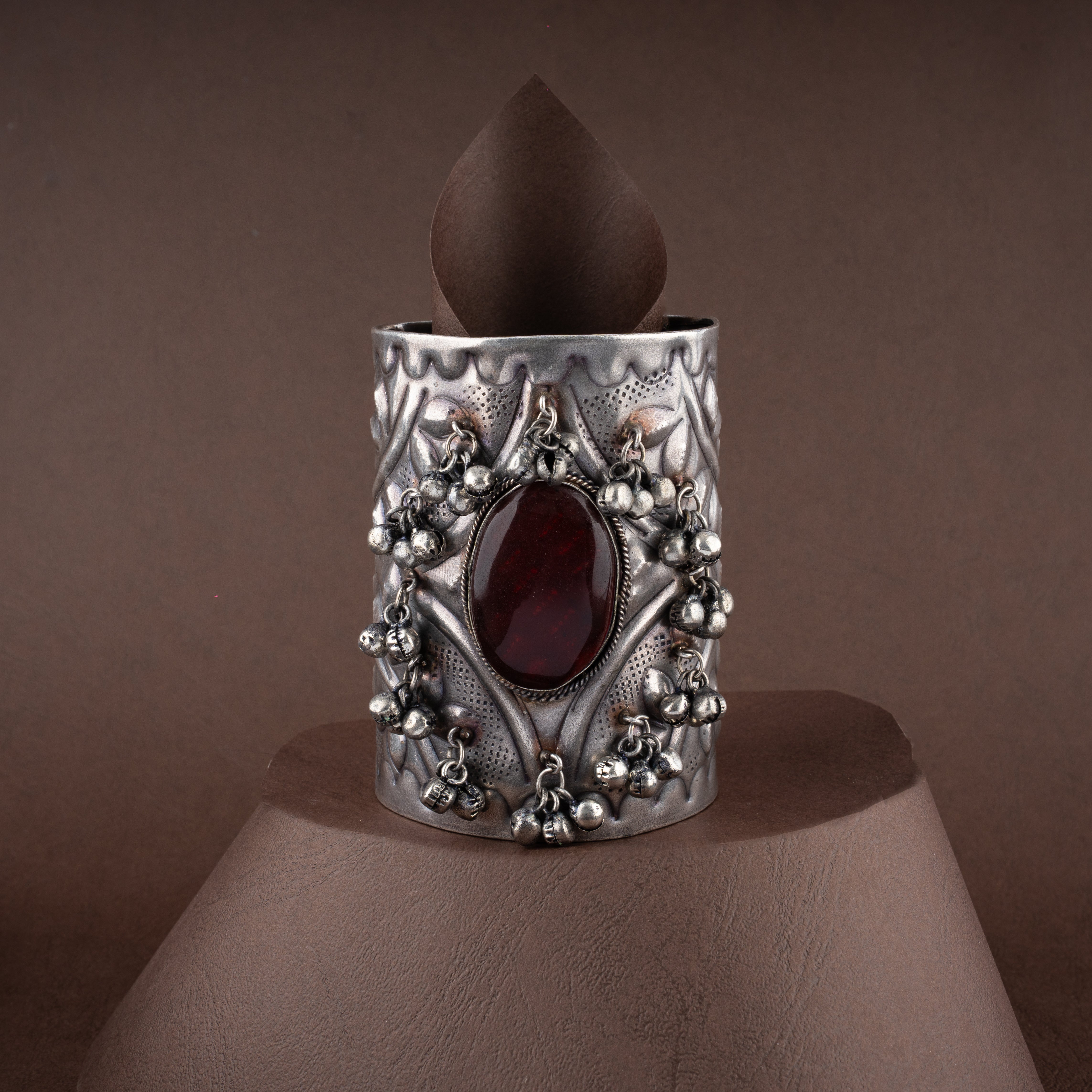 Oxidised Silver Tribal Statement Oval Stone Ghungroo Cuff Traditional Bracelet