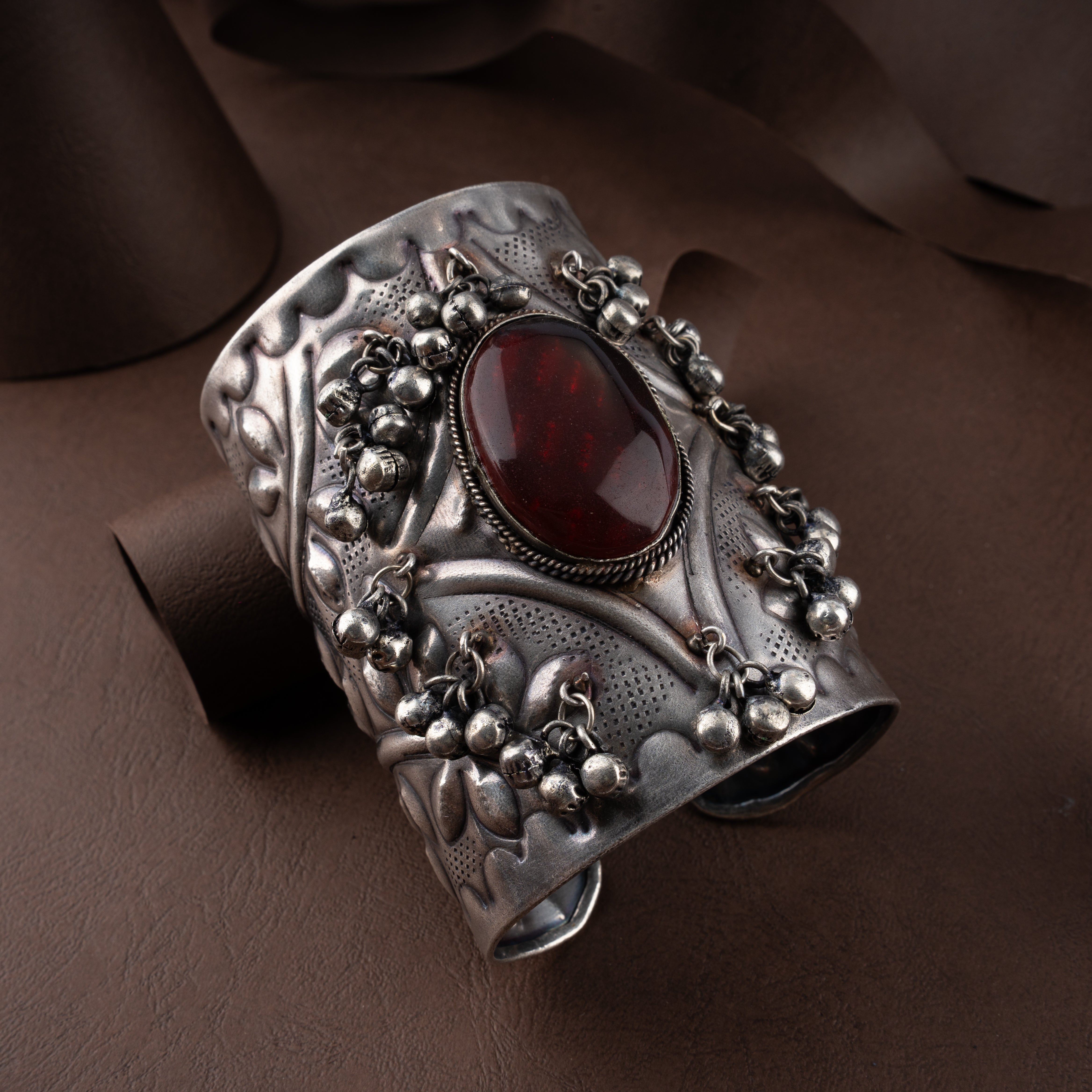Oxidised Silver Tribal Statement Oval Stone Ghungroo Cuff Traditional Bracelet