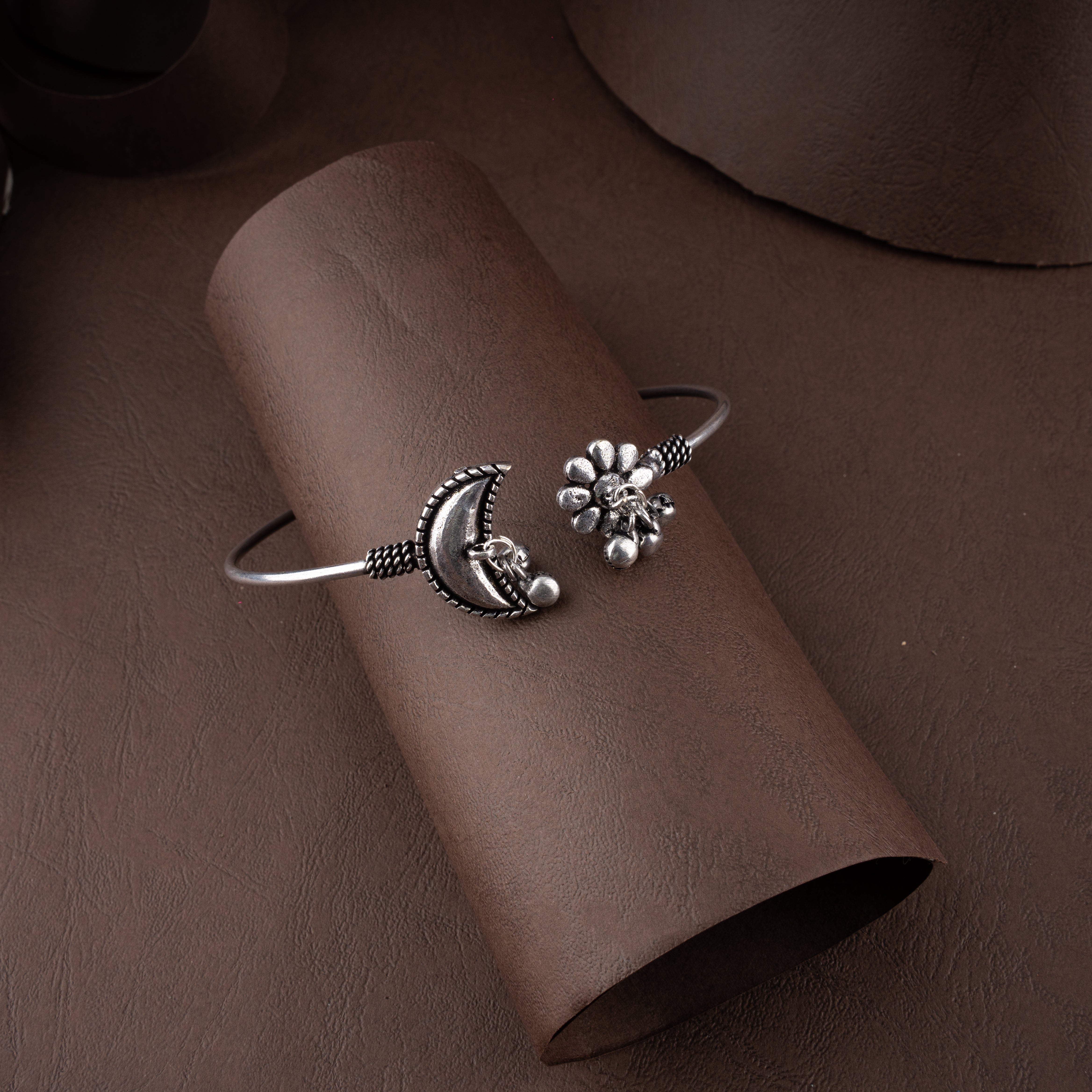 Oxidised Moon and Flower Open Cuff Bangle Bracelet