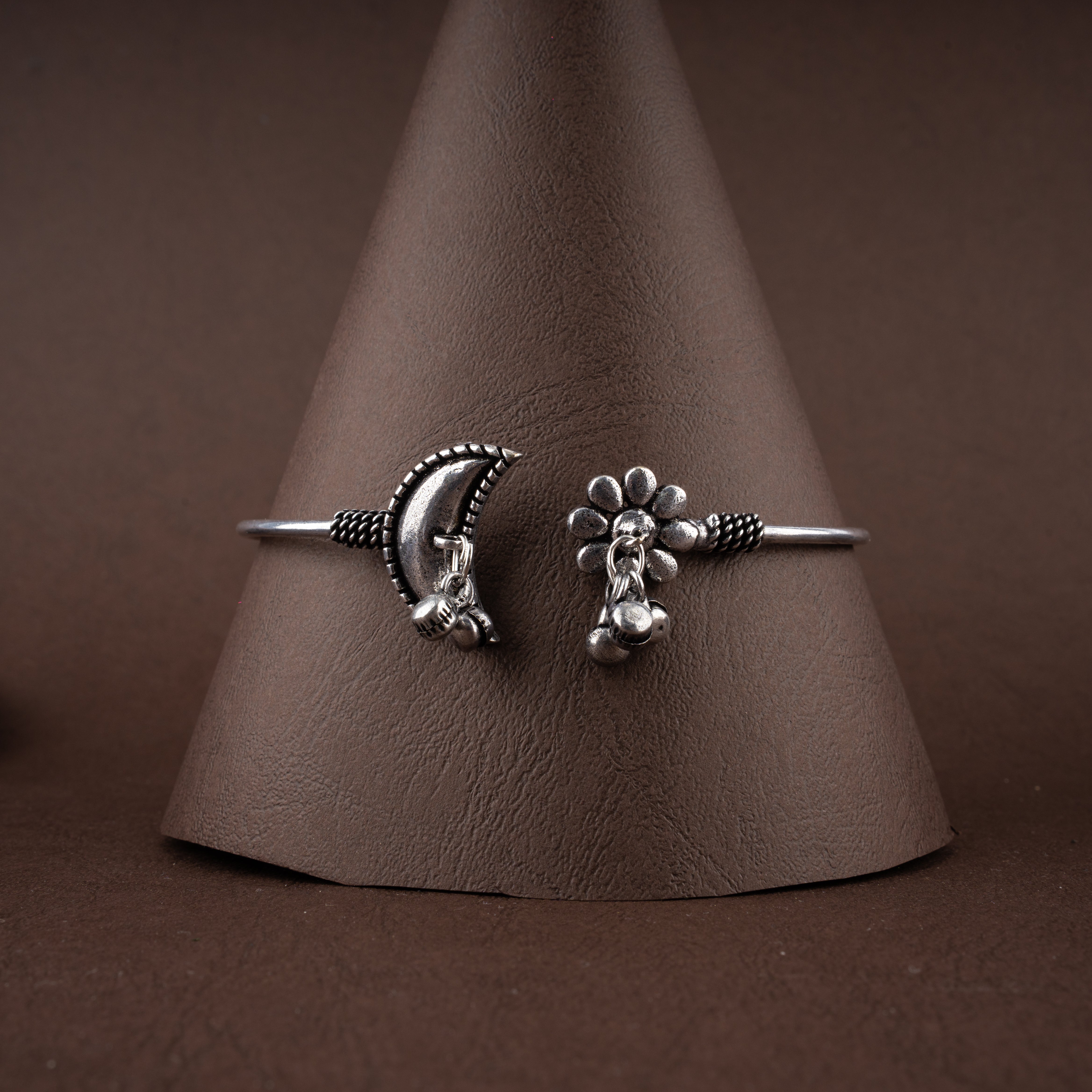 Oxidised Moon and Flower Open Cuff Bangle Bracelet