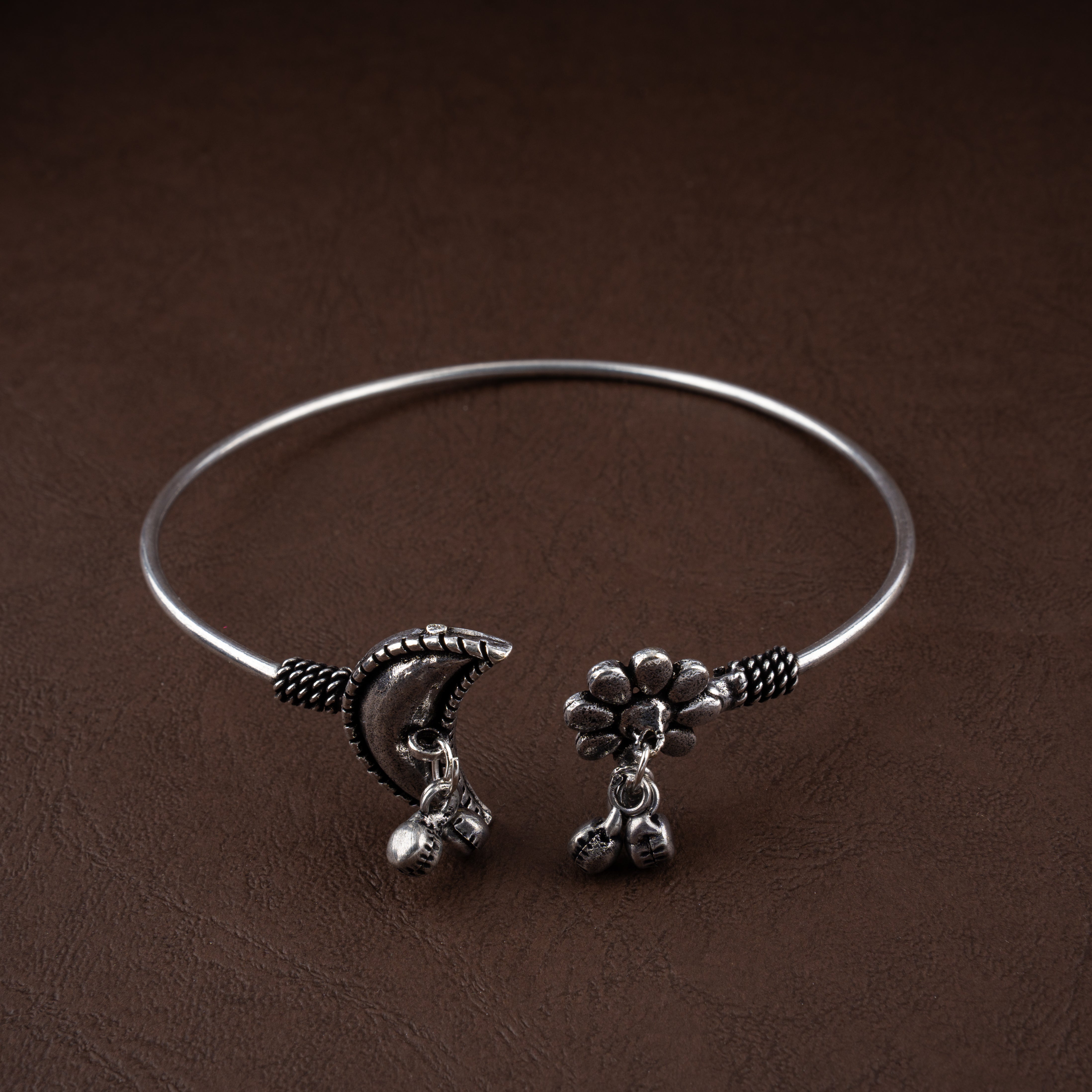 Oxidised Moon and Flower Open Cuff Bangle Bracelet