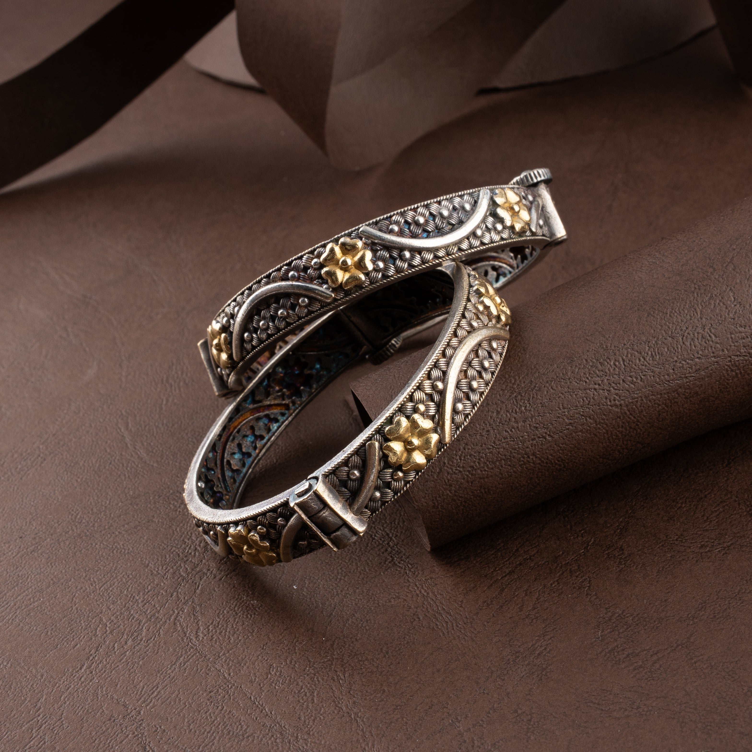 Oxidised Floral Dual-Tone Antique Hinged Kada Bangle Bracelet